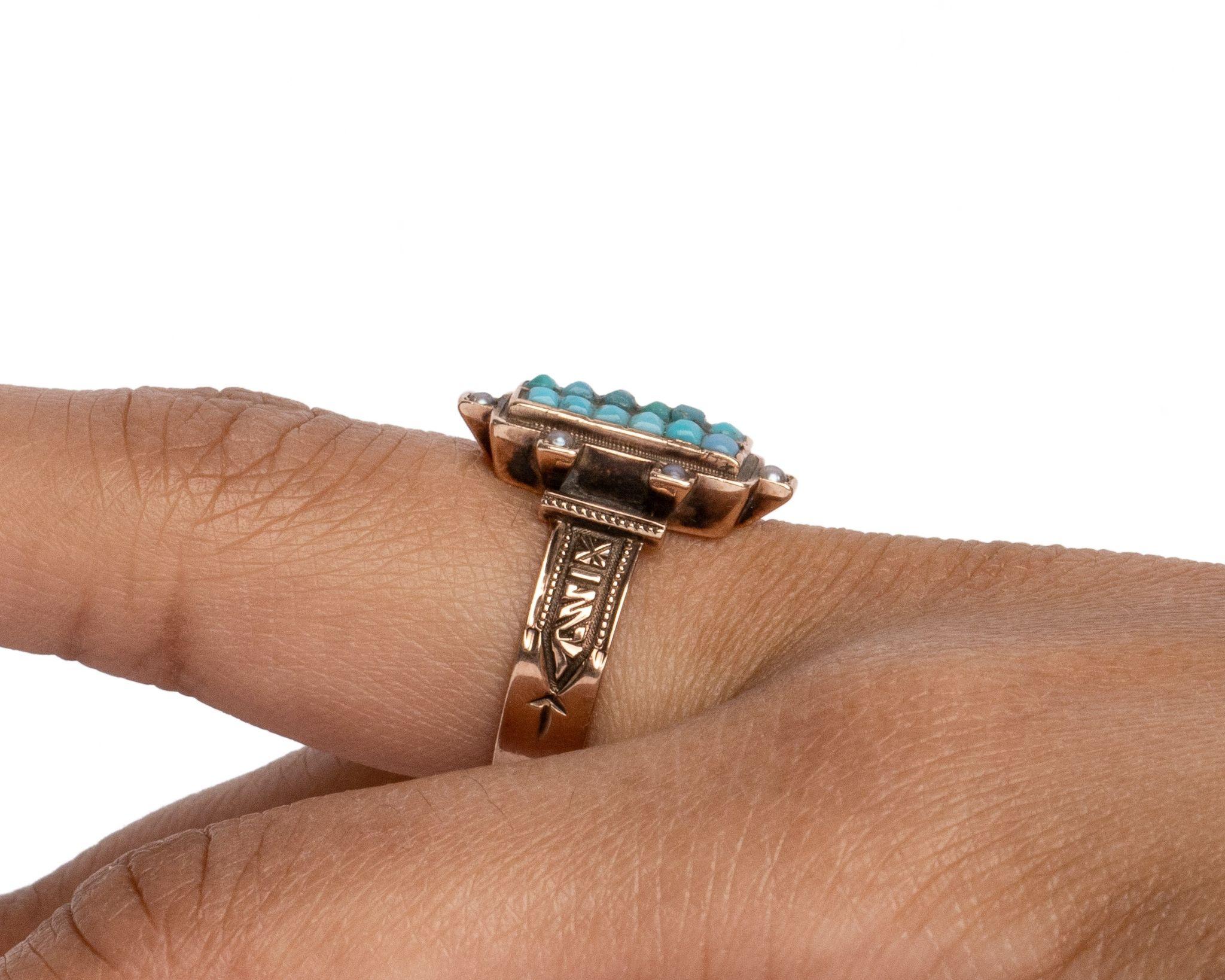 Victorian Turquoise and Pearl Mosaic 14 Karat Carved Rose Gold Engagement Ring 2