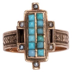 Victorian Turquoise and Pearl Mosaic 14 Karat Carved Rose Gold Engagement Ring