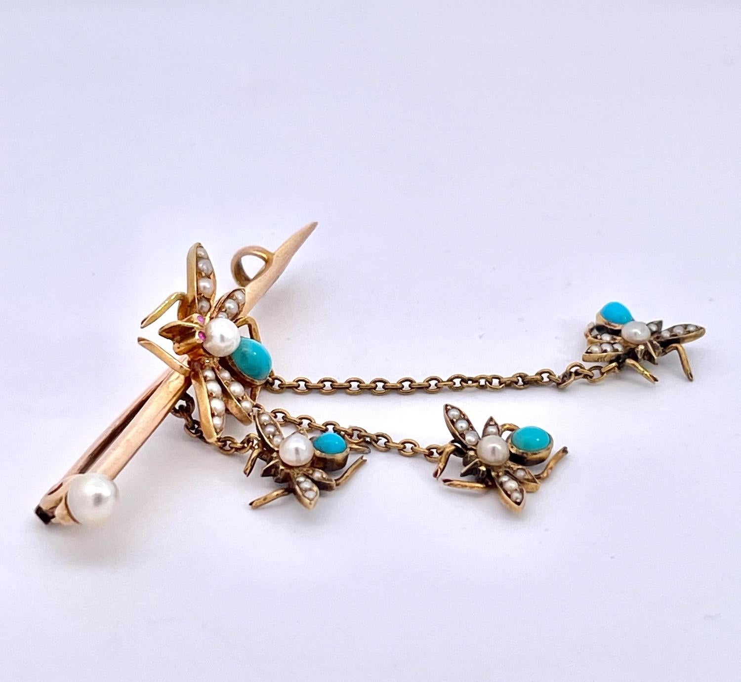 Early Victorian Victorian Turquoise and Pearl Triple Fly Brooch 14K For Sale