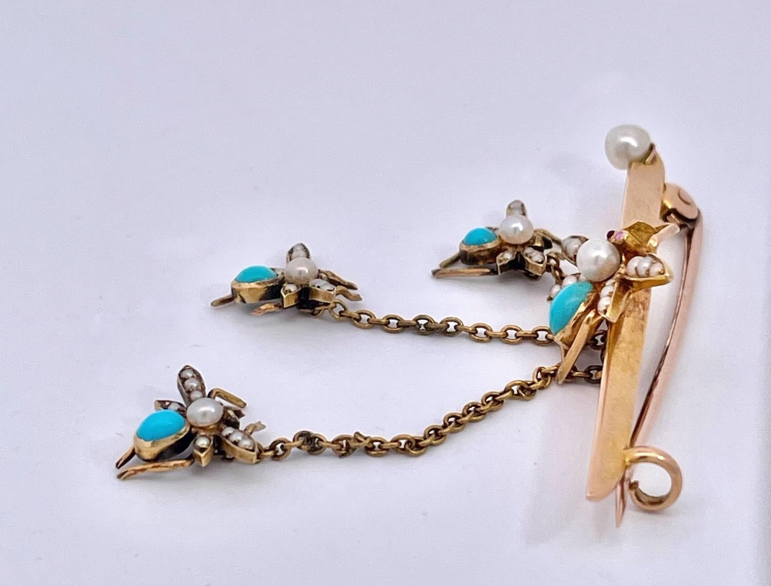 Round Cut Victorian Turquoise and Pearl Triple Fly Brooch 14K For Sale