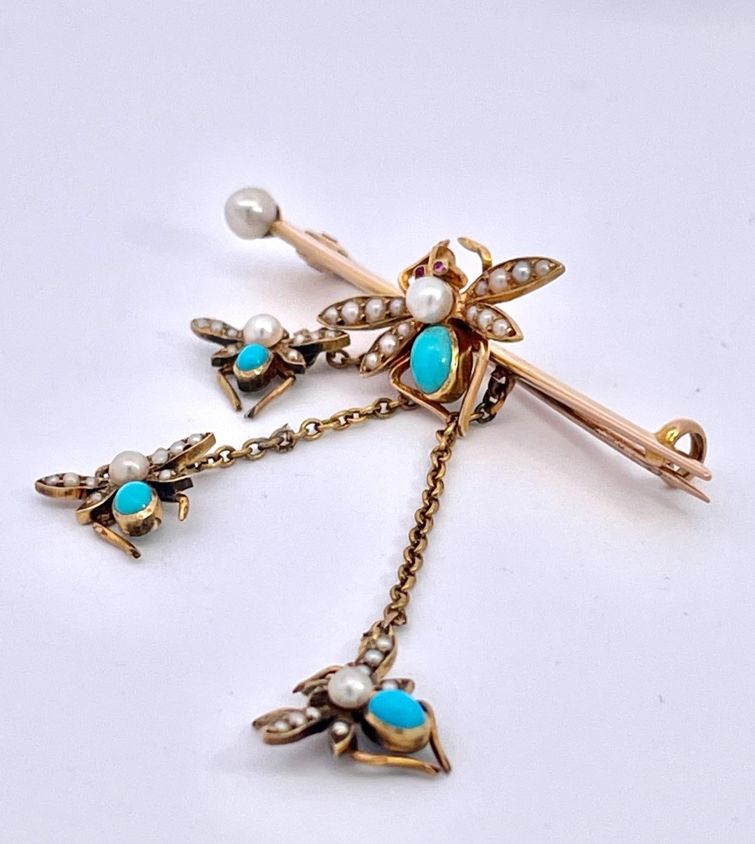 Victorian Turquoise and Pearl Triple Fly Brooch 14K In Good Condition For Sale In North Hollywood, CA