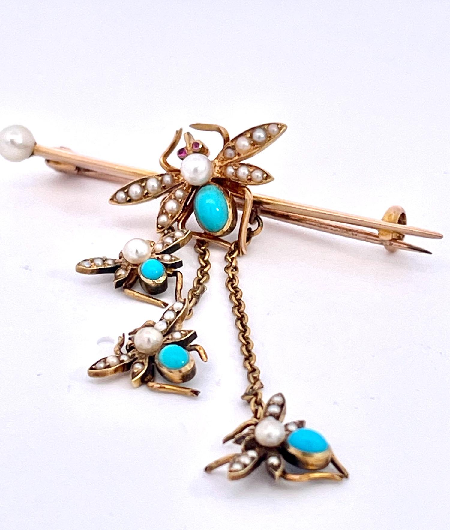 Women's or Men's Victorian Turquoise and Pearl Triple Fly Brooch 14K For Sale