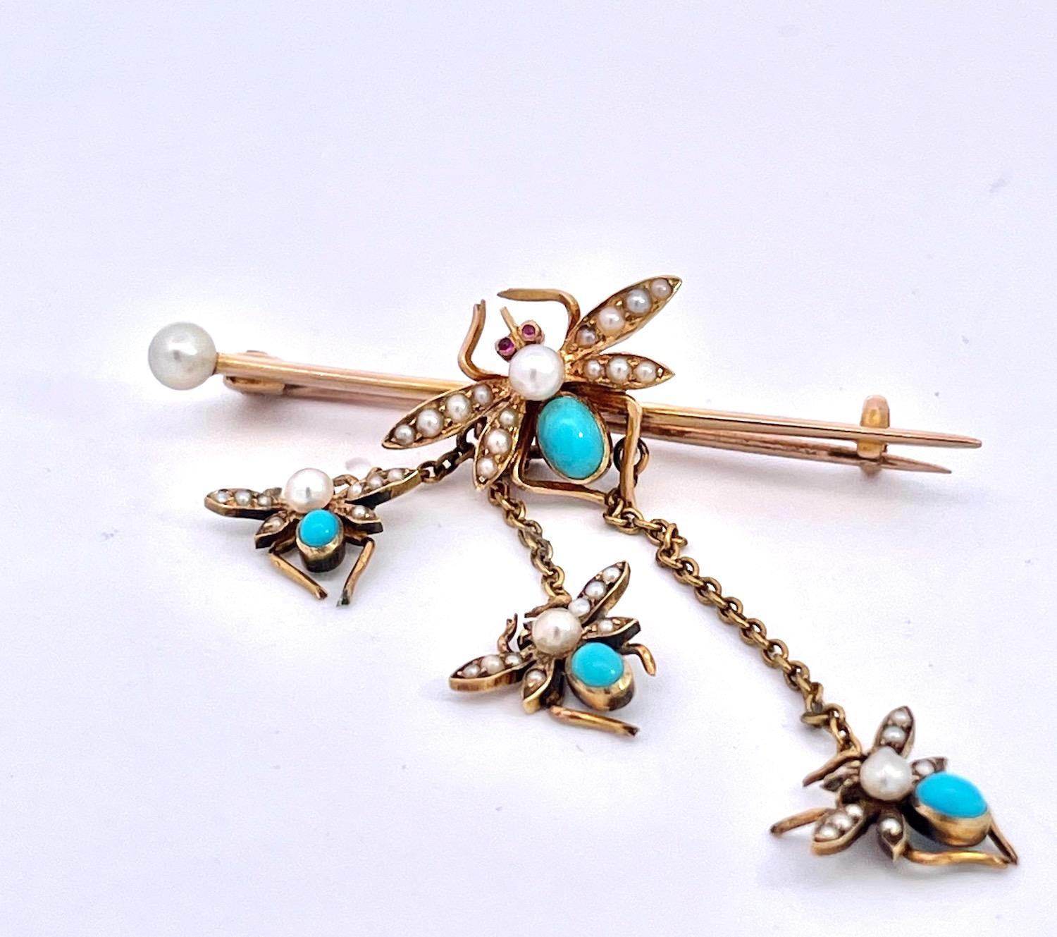 Victorian Turquoise and Pearl Triple Fly Brooch 14K For Sale 1