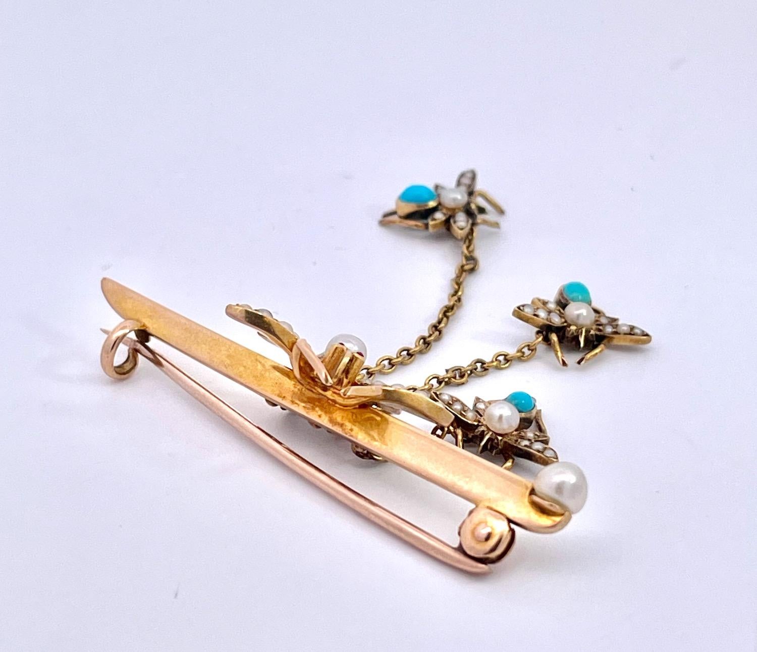 Victorian Turquoise and Pearl Triple Fly Brooch 14K For Sale 2
