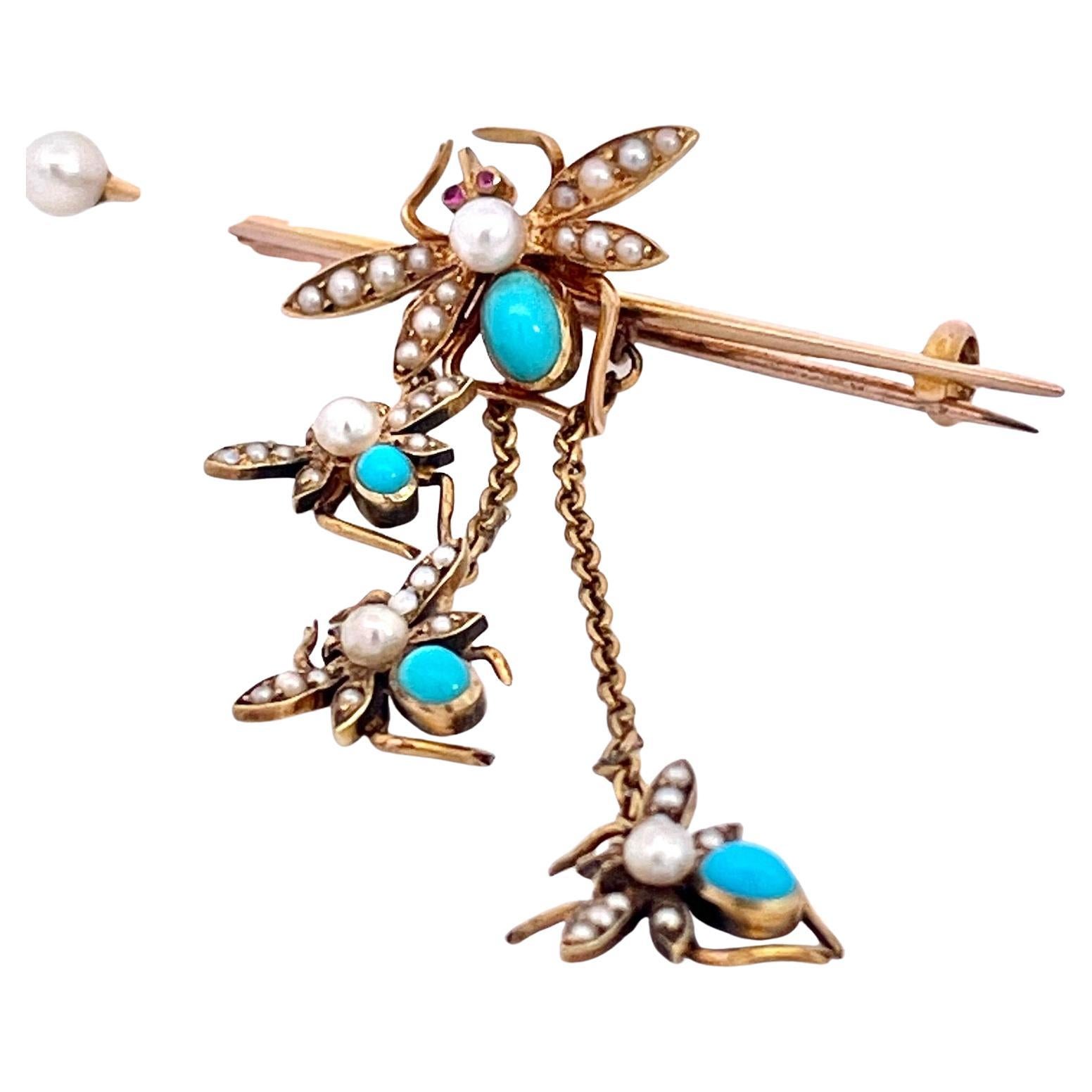 Victorian Turquoise and Pearl Triple Fly Brooch 14K