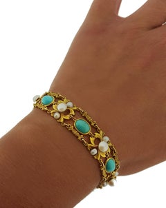Victorian Turquoise and Pearl Yellow Gold Bracelet
