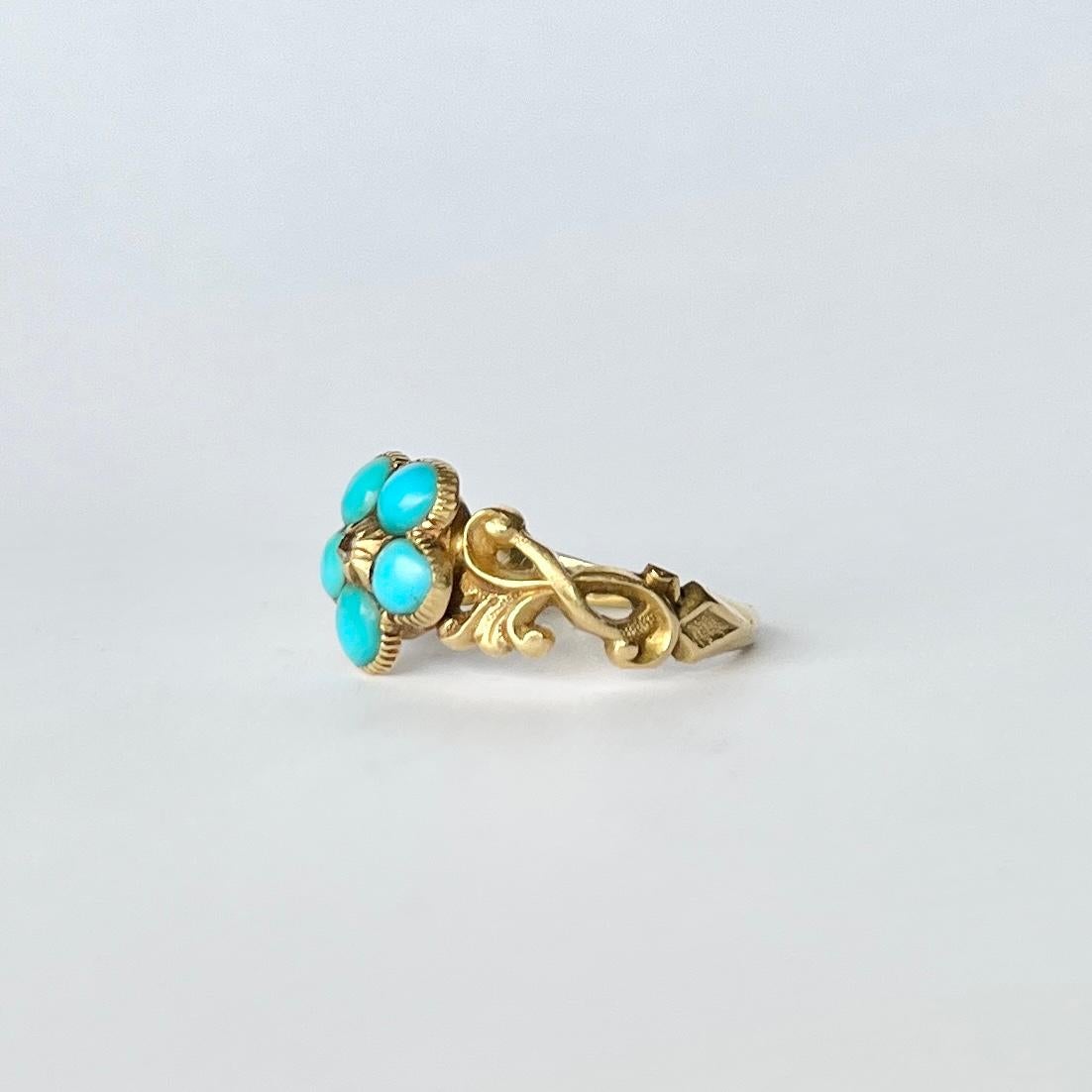 Bague médaillon victorienne en or 9 carats sertie d'une turquoise et d'un diamant taille rose Bon état - En vente à Chipping Campden, GB