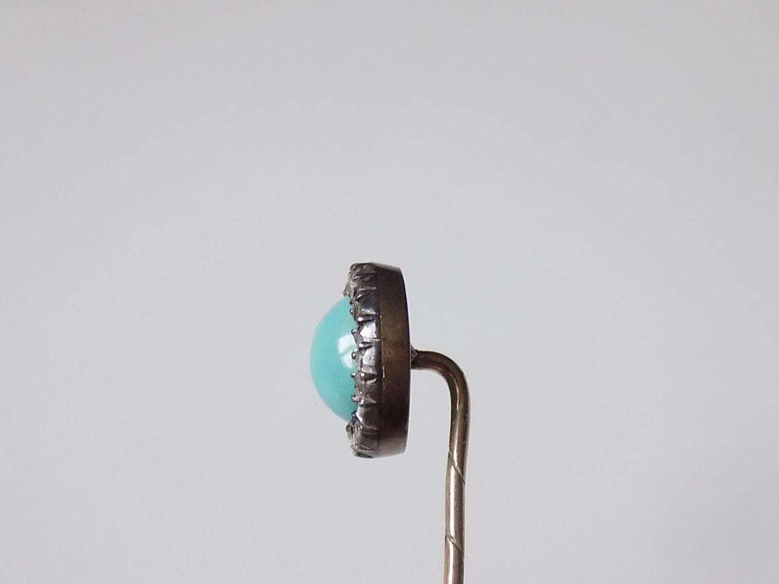 Rose Cut Victorian Turquoise and Rose cut Diamond Stick Pin For Sale