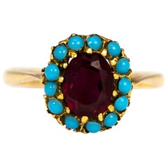 Bague grappe victorienne en or 9 carats sertie de turquoises et de rubis