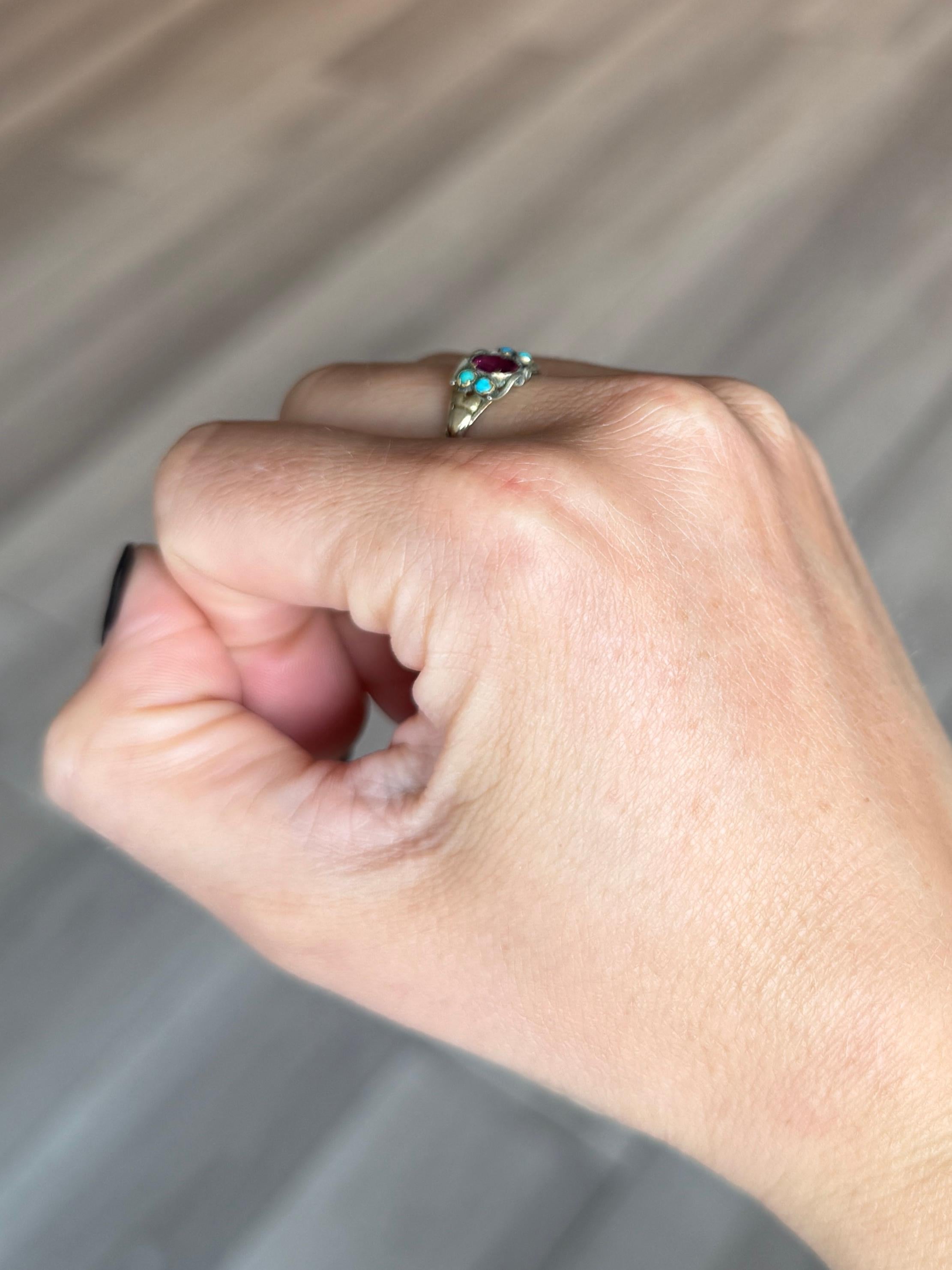 Women's or Men's Victorian Turquoise and Ruby 9 Carat Gold Ring For Sale
