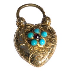 Antique Victorian Turquoise and Ruby and Yellow Gold Heart Padlock Locket Pendant