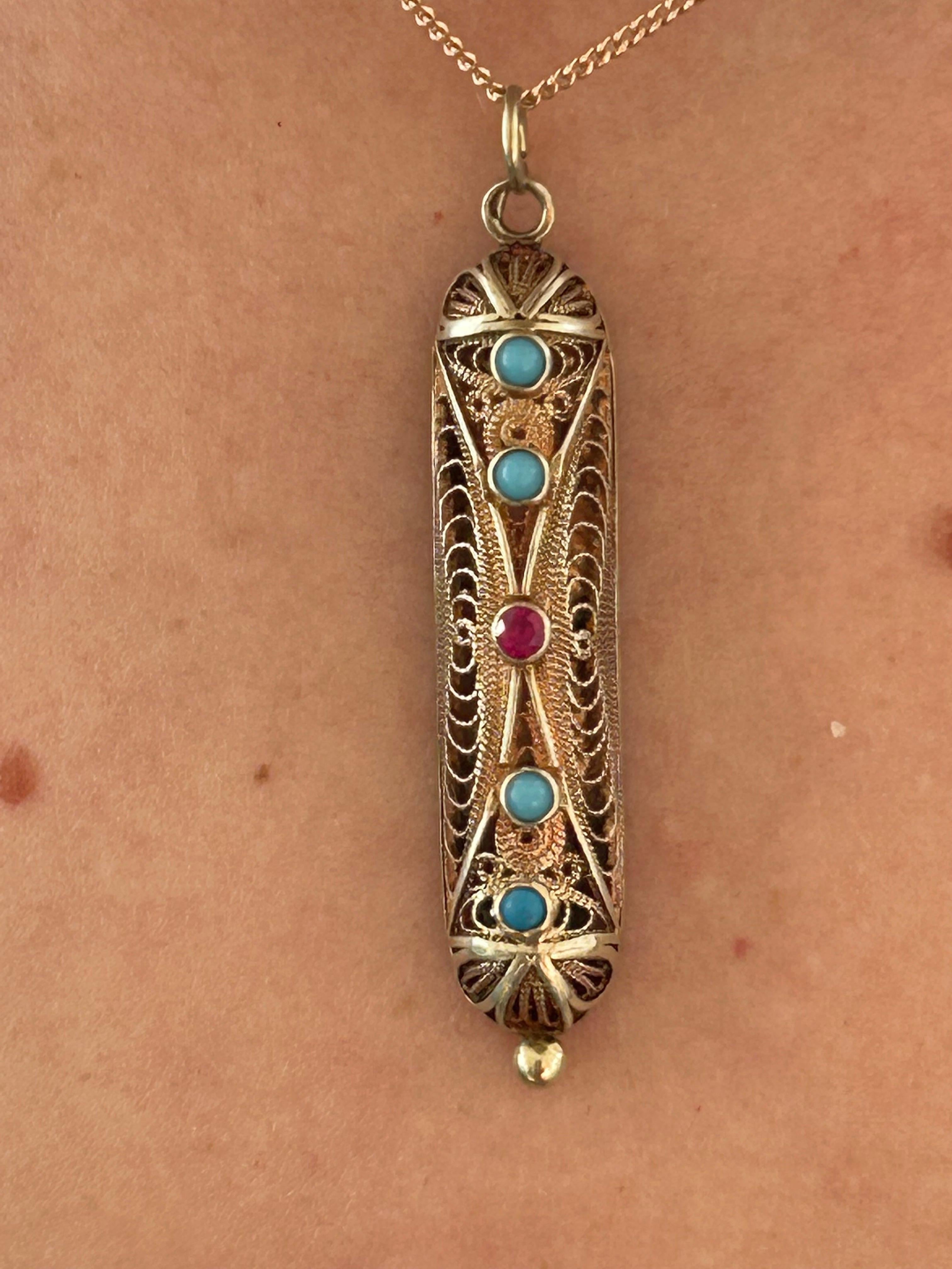 Filigraner viktorianischer Türkis- und Rubin-Anhänger 14k 8