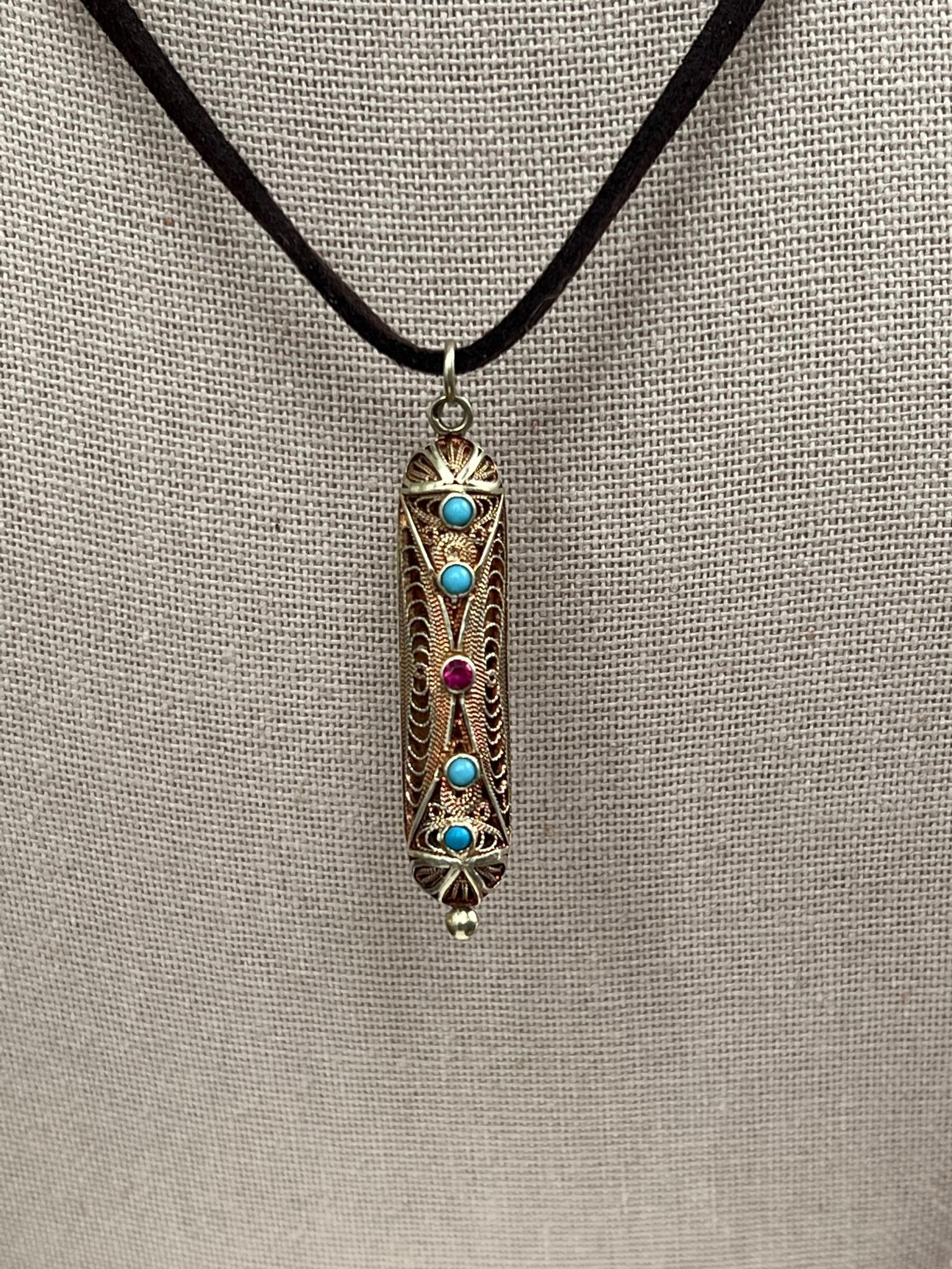 Filigraner viktorianischer Türkis- und Rubin-Anhänger 14k (Rundschliff)