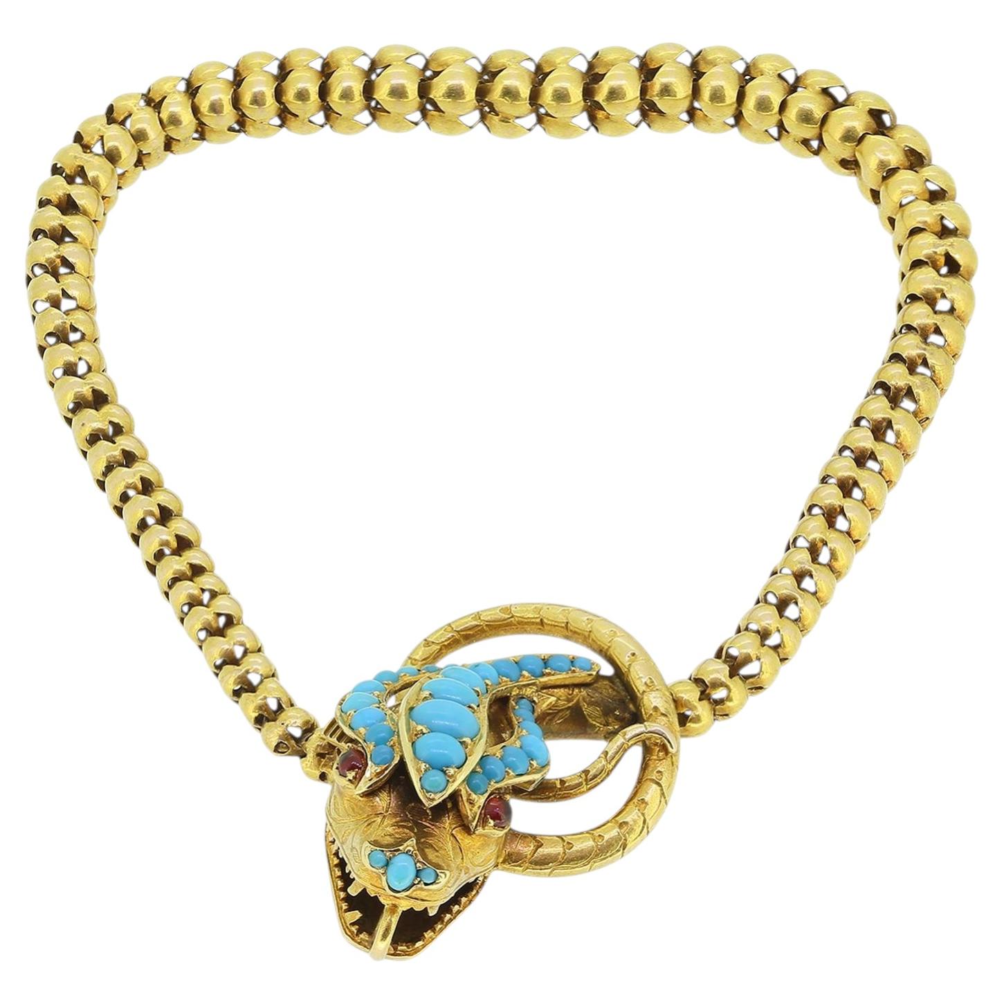 Bracciale vittoriano con catena a serpente, turchese e rubino in vendita
