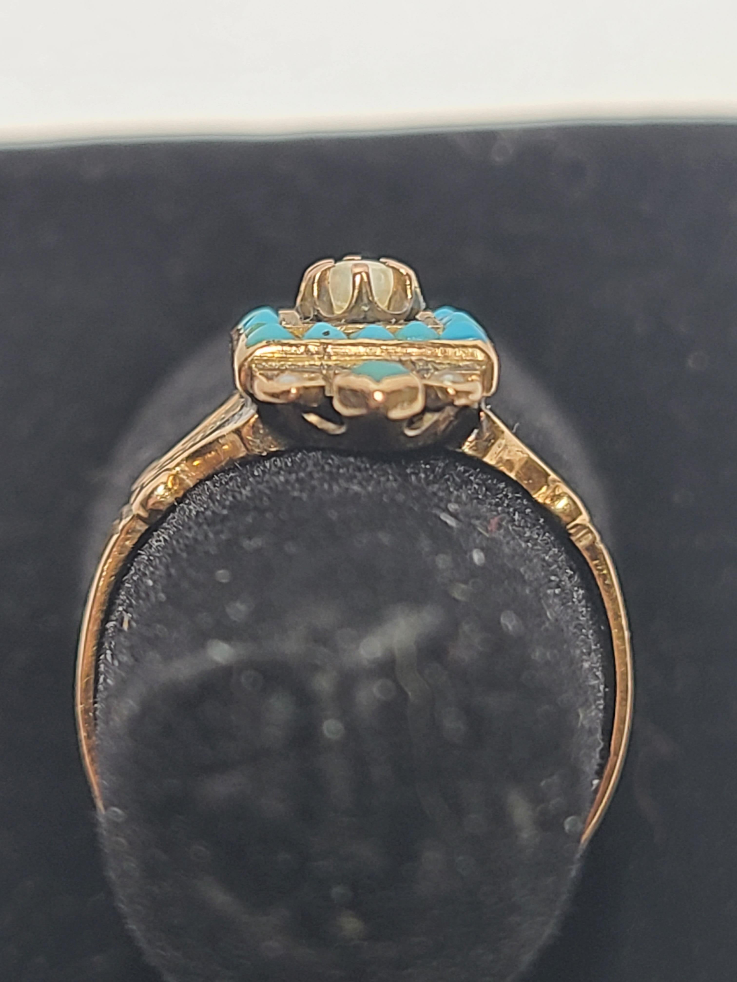 Women's or Men's Victorian Turquoise and Seed Pearl 14k Yellow Gold Ring