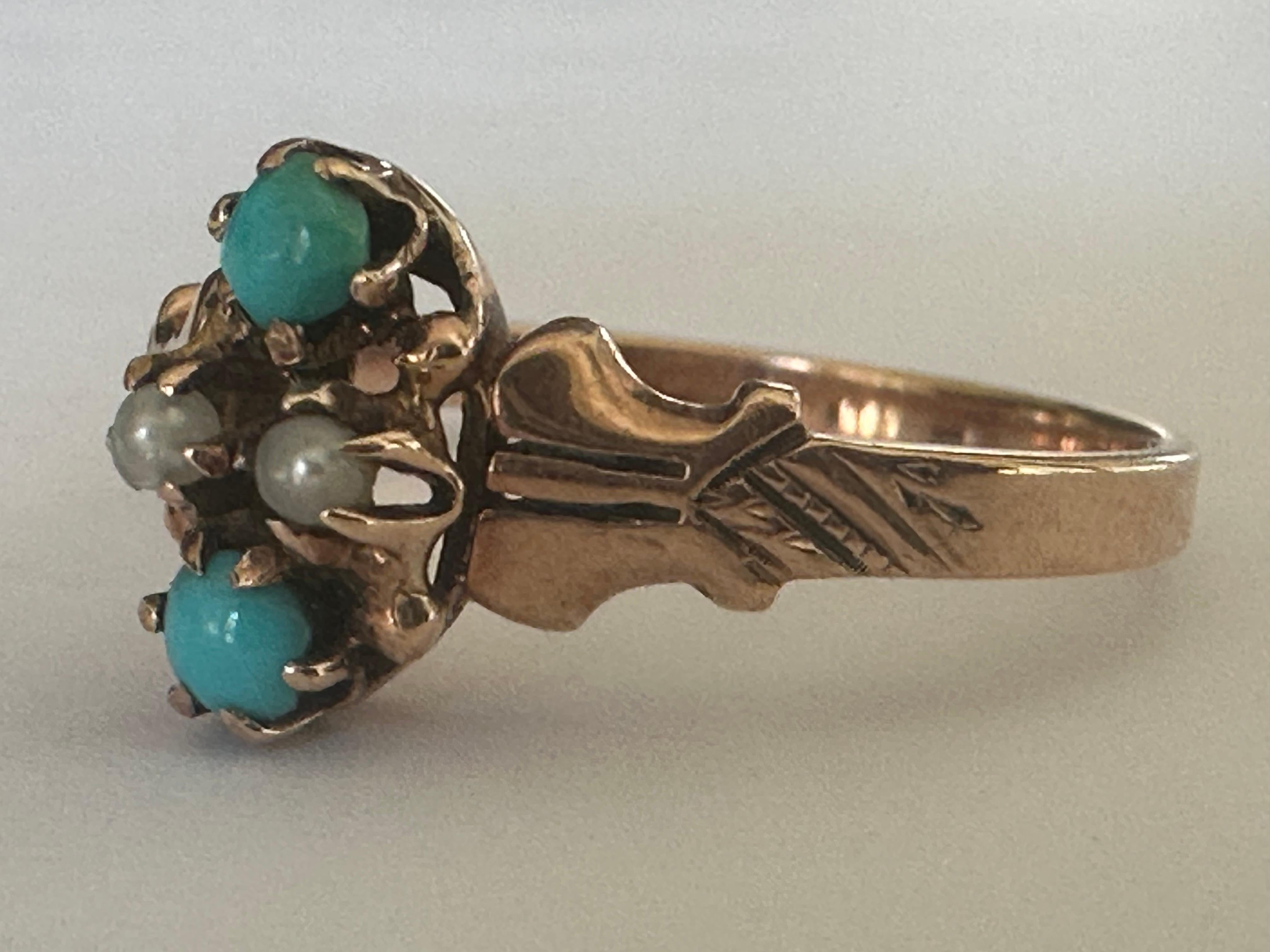 Fabriqué à la fin du XIXe siècle,  Cette bague antique de l'époque victorienne présente deux turquoises rondes en cabochon, disposées verticalement et rehaussées de deux minuscules perles de rocaille côte à côte, sur une monture finement gravée à la