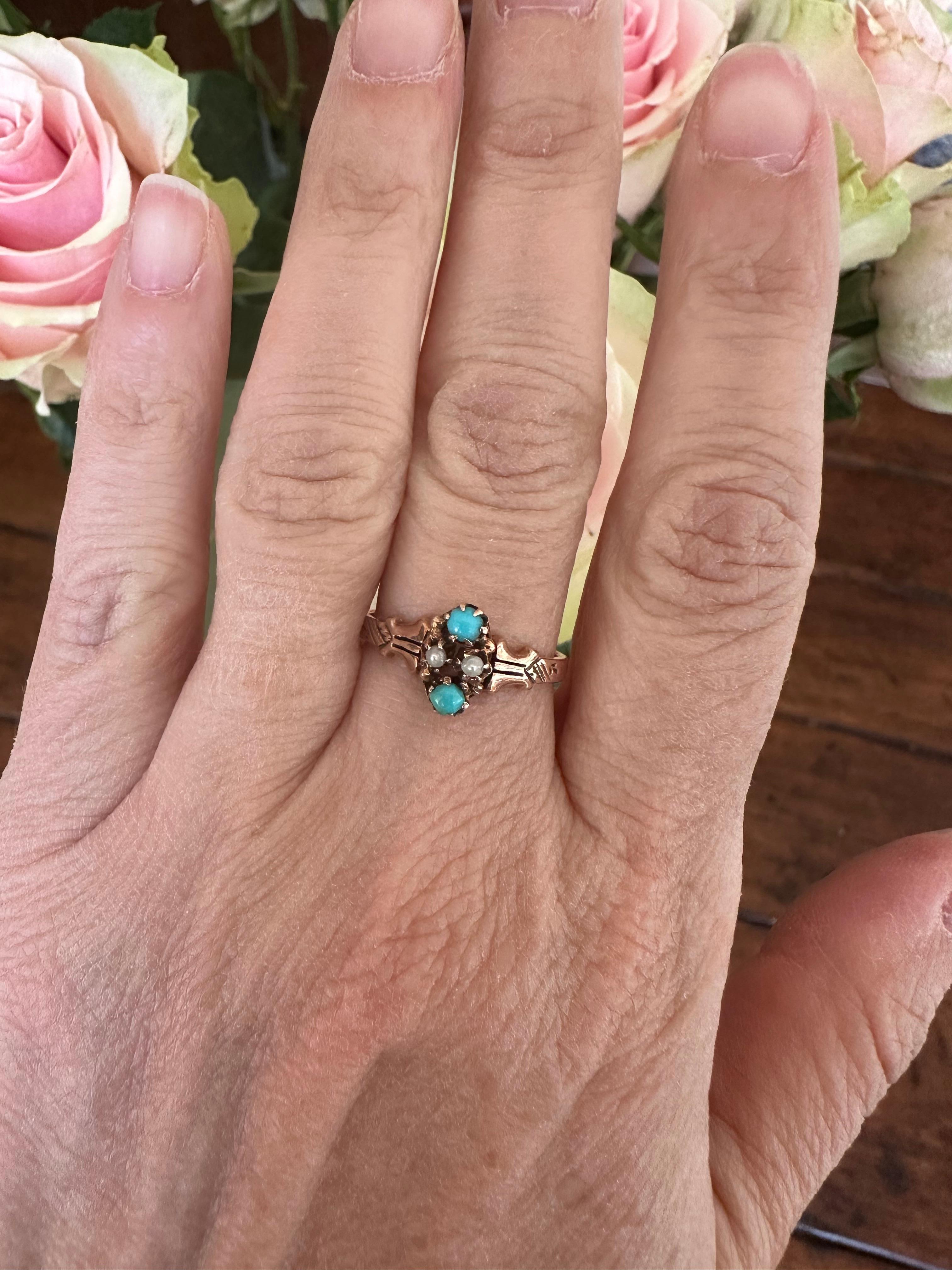 Victorian Turquoise and Seed Pearl Ring For Sale 3