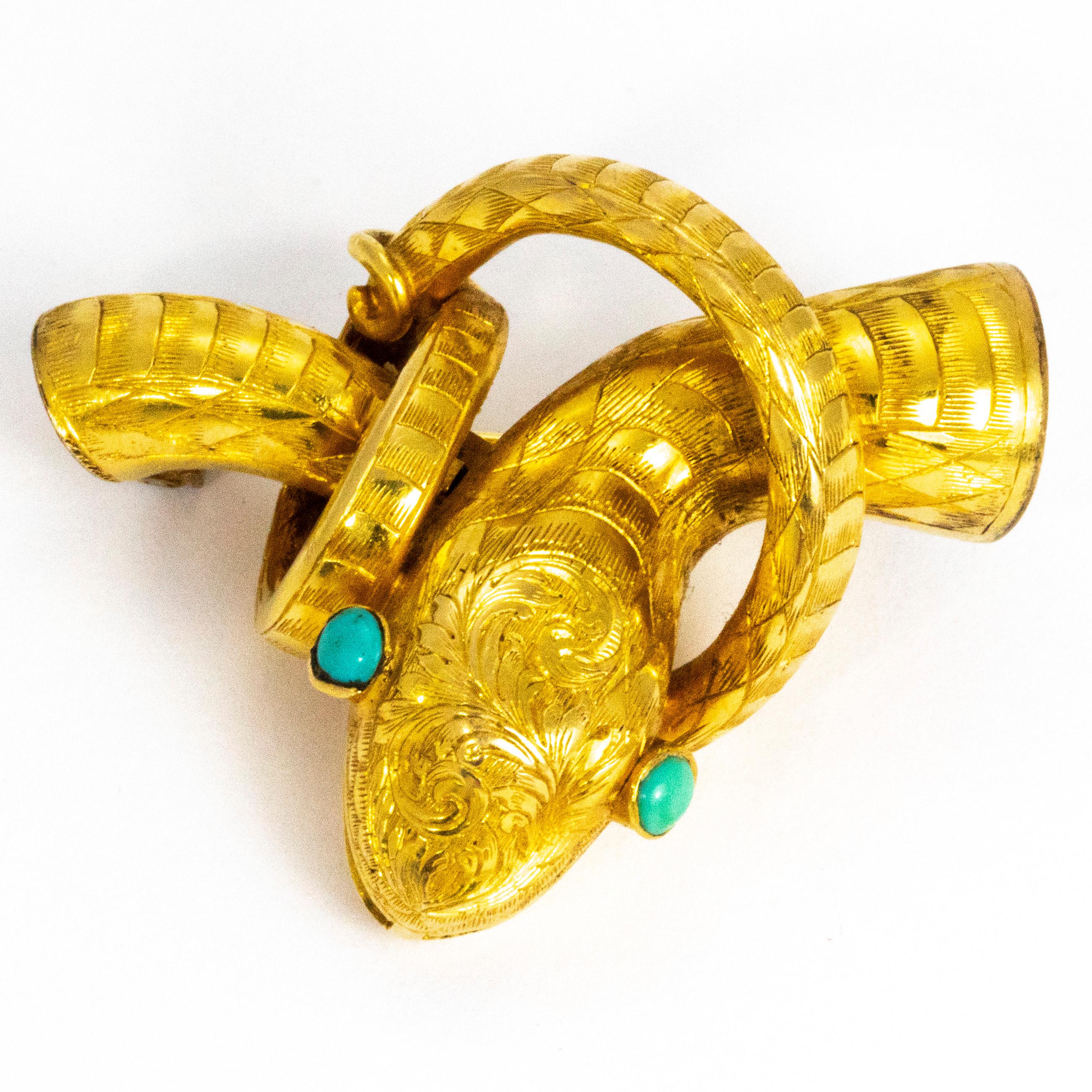 Women's or Men's Victorian Turquoise and Yellow Metal Snake Brooch