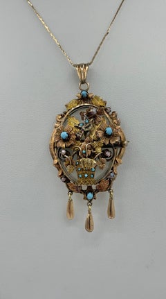 Victorian Turquoise Bird Flower Locket Pendant Necklace Pearl 14 Karat Gold