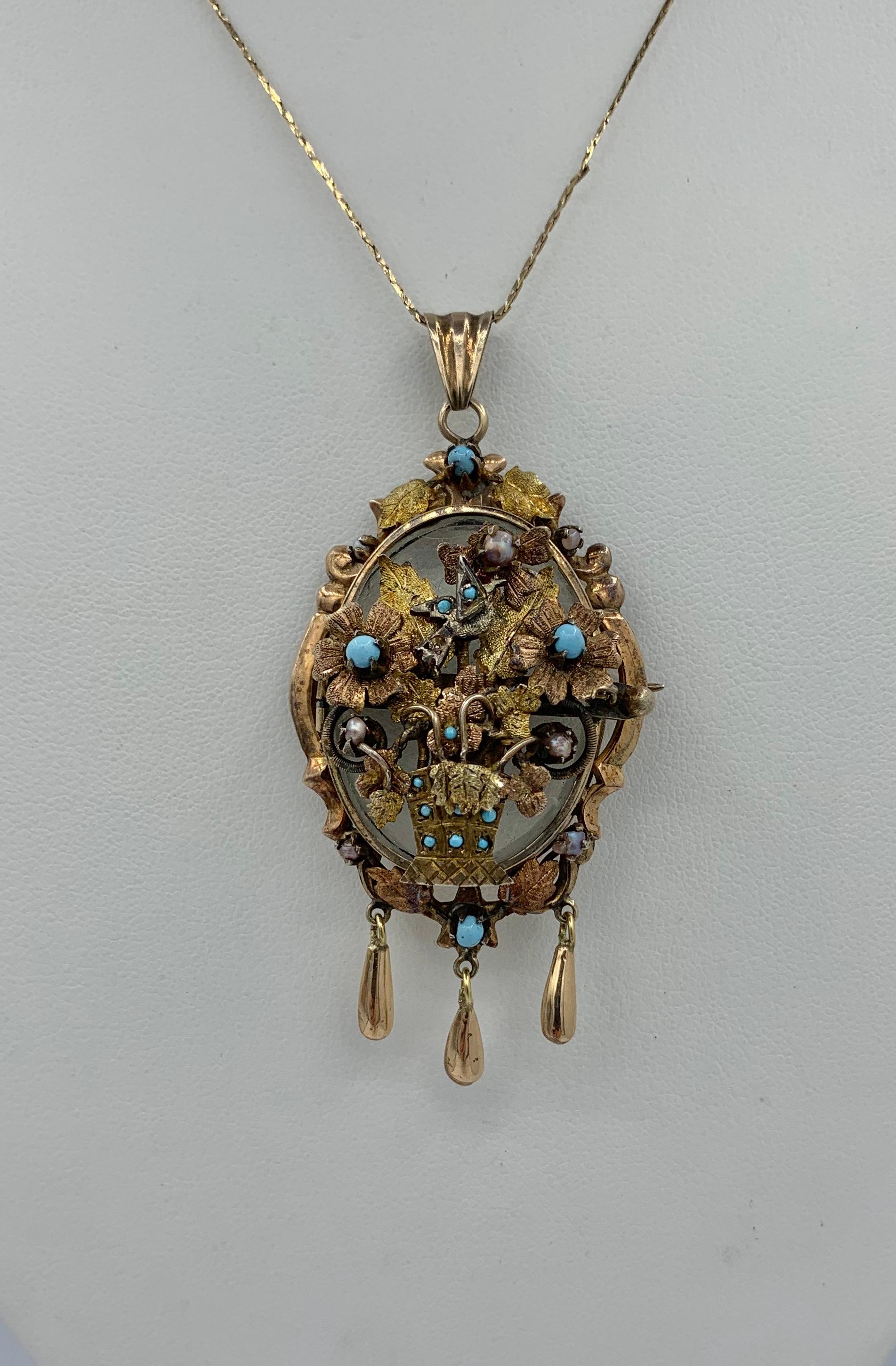 Bead Victorian Turquoise Bird Flower Locket Pendant Necklace Pearl 14 Karat Gold
