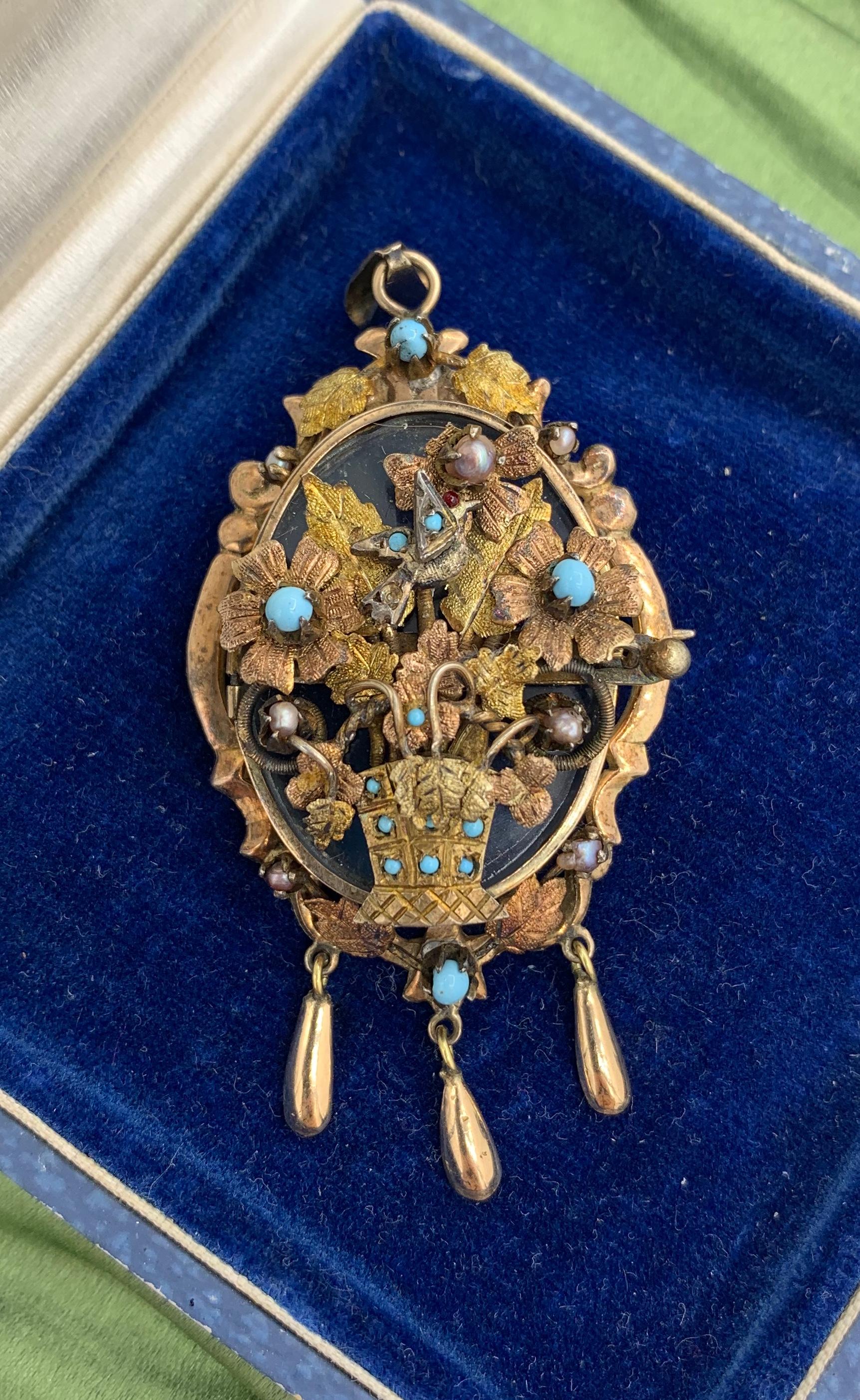 Women's Victorian Turquoise Bird Flower Locket Pendant Necklace Pearl 14 Karat Gold