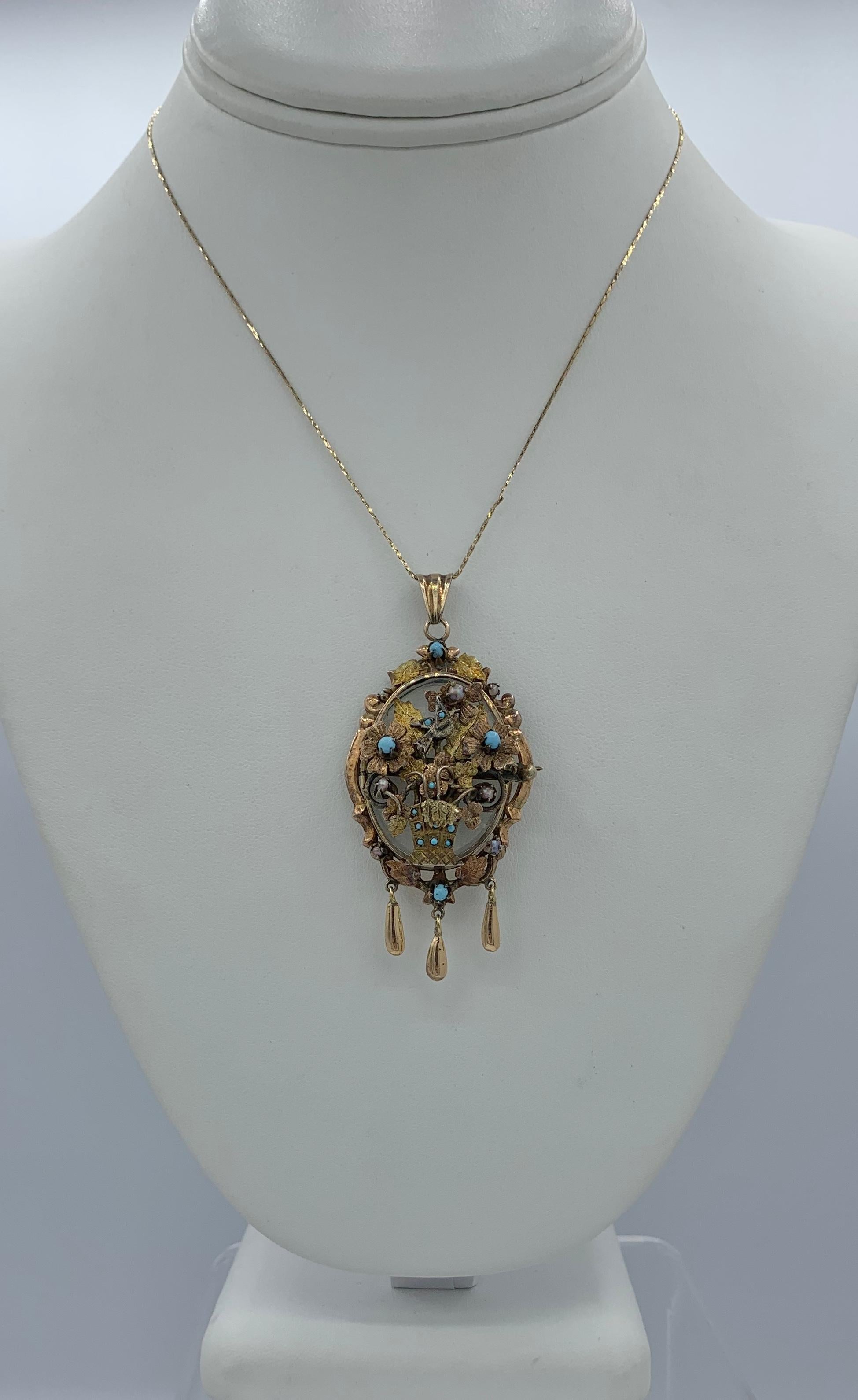 Victorian Turquoise Bird Flower Locket Pendant Necklace Pearl 14 Karat Gold 1