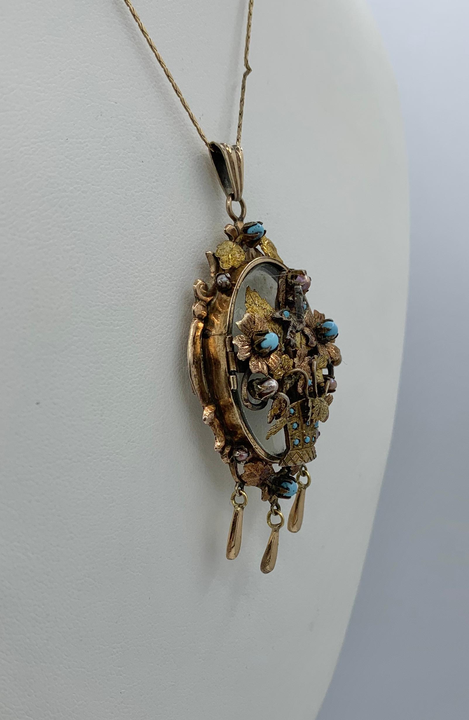 Victorian Turquoise Bird Flower Locket Pendant Necklace Pearl 14 Karat Gold 2