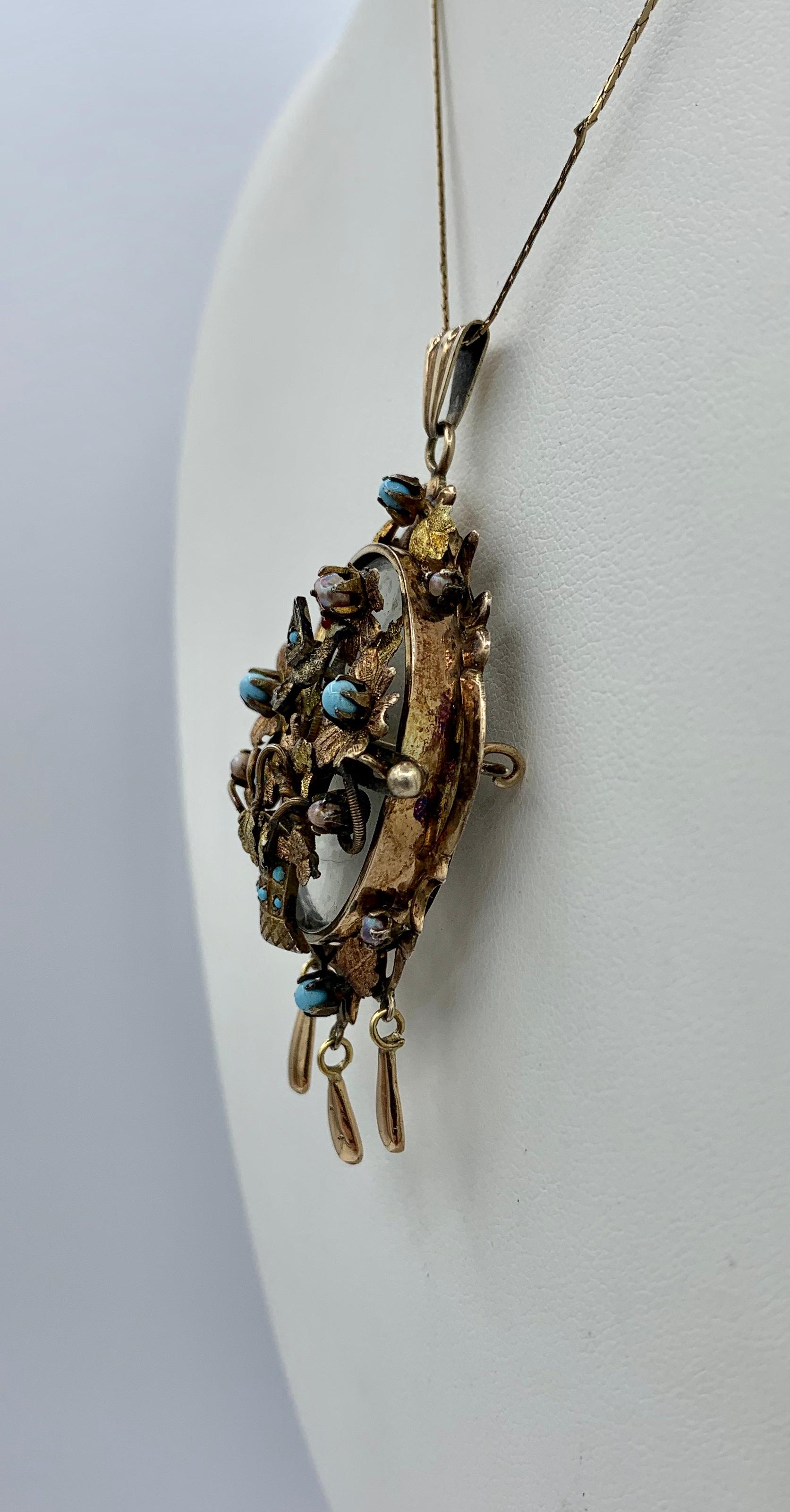Victorian Turquoise Bird Flower Locket Pendant Necklace Pearl 14 Karat Gold 3