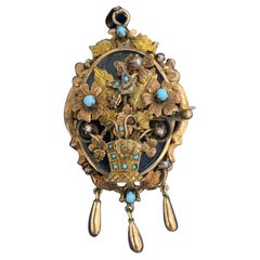 Victorian Turquoise Bird Flower Locket Pendant Necklace Pearl 14 Karat Gold