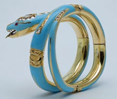 Victorian Turquoise Blue Enamel, Gold, Diamond and Ruby Snake Bracelet