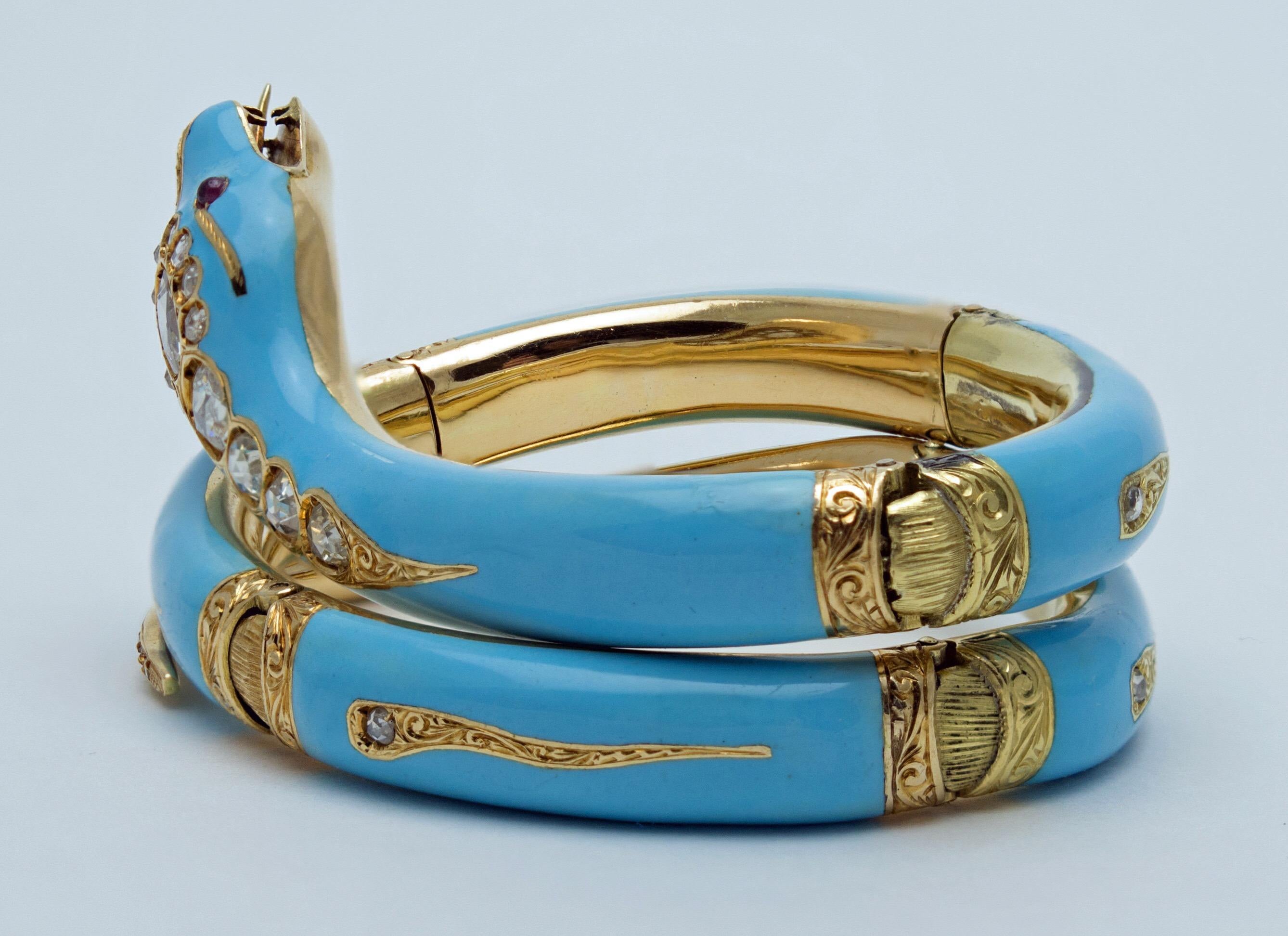 Rose Cut Victorian Turquoise Blue Enamel, Gold, Diamond and Ruby Snake Bracelet