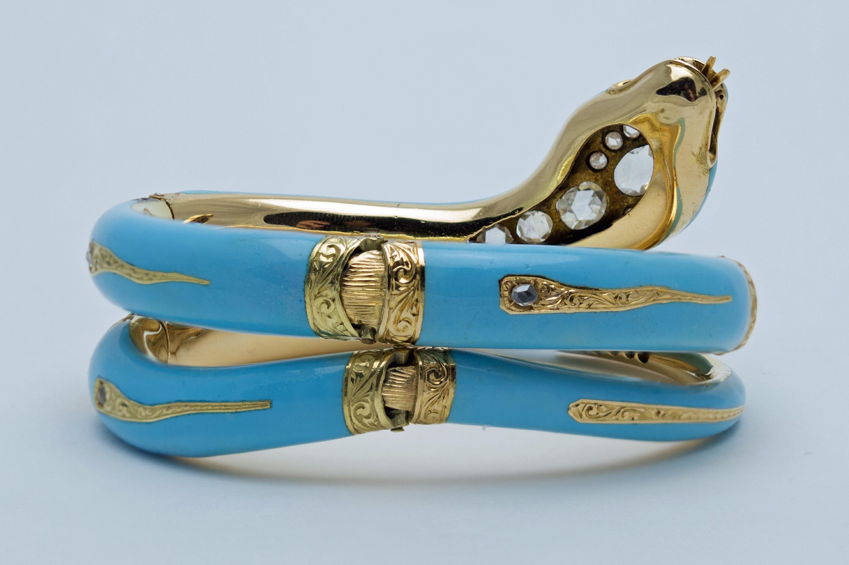 Victorian Turquoise Blue Enamel, Gold, Diamond and Ruby Snake Bracelet In Good Condition In Austin, TX