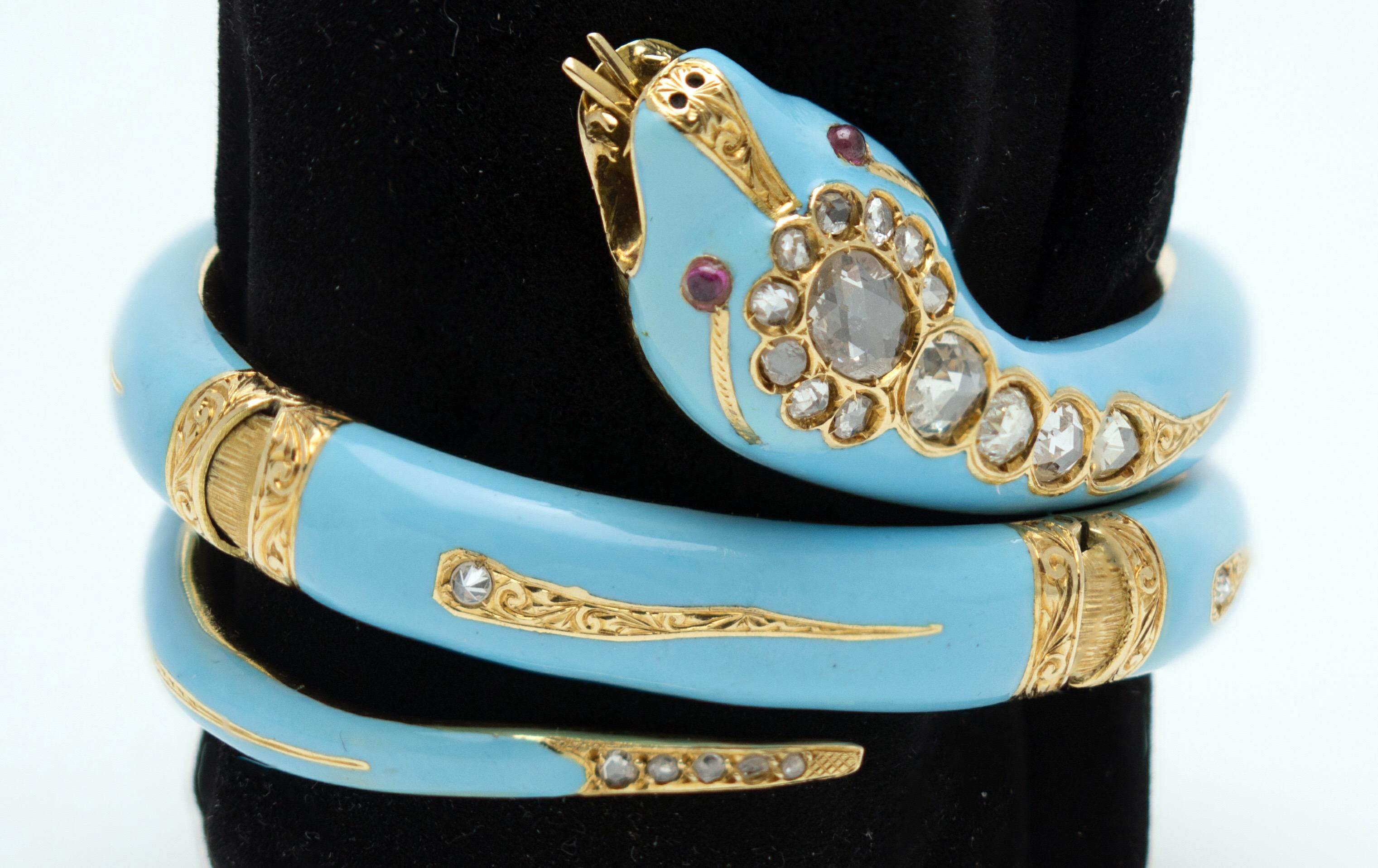 Women's Victorian Turquoise Blue Enamel, Gold, Diamond and Ruby Snake Bracelet