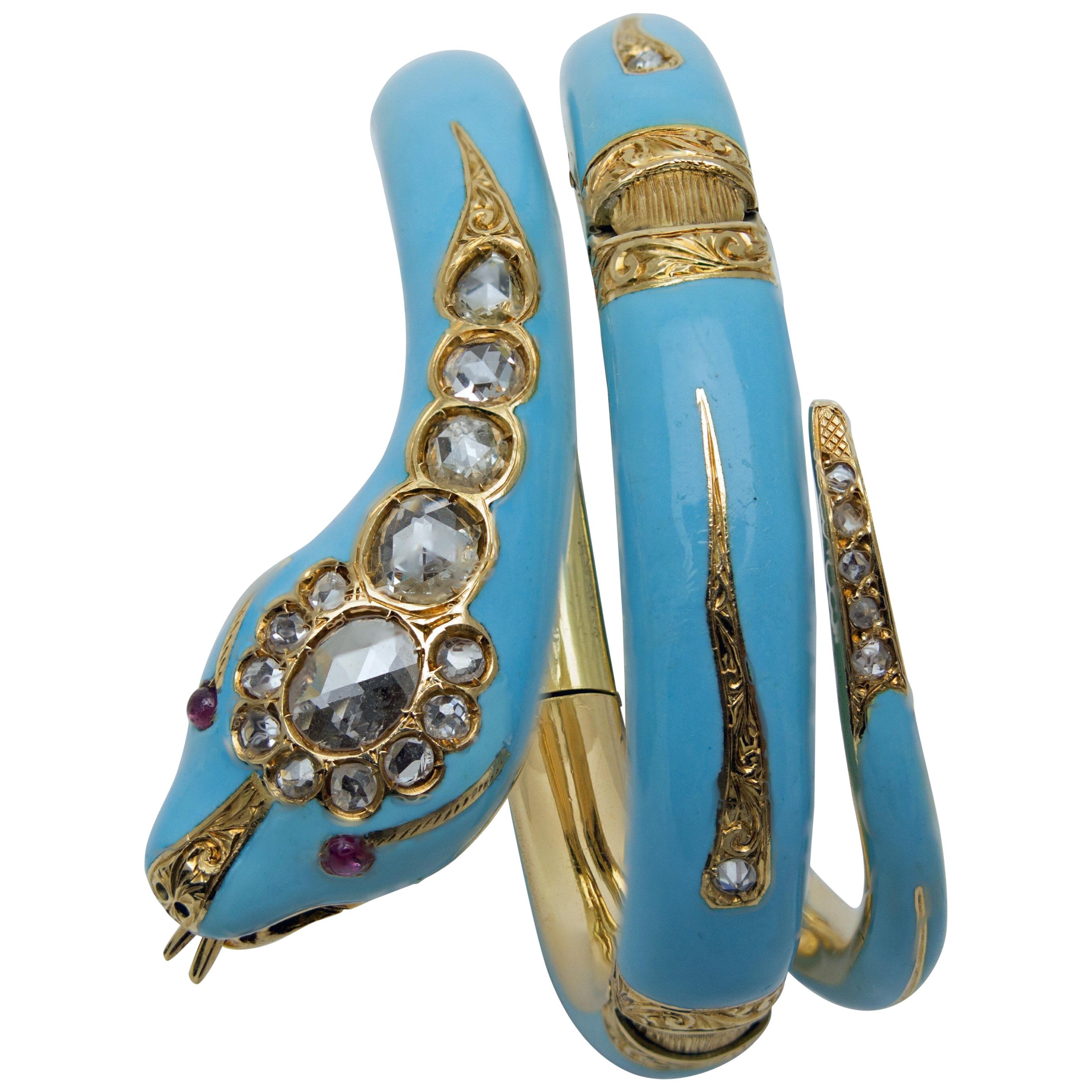 Victorian Turquoise Blue Enamel, Gold, Diamond and Ruby Snake Bracelet