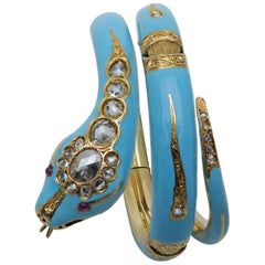 Antique Victorian Turquoise Blue Enamel, Gold, Diamond and Ruby Snake Bracelet