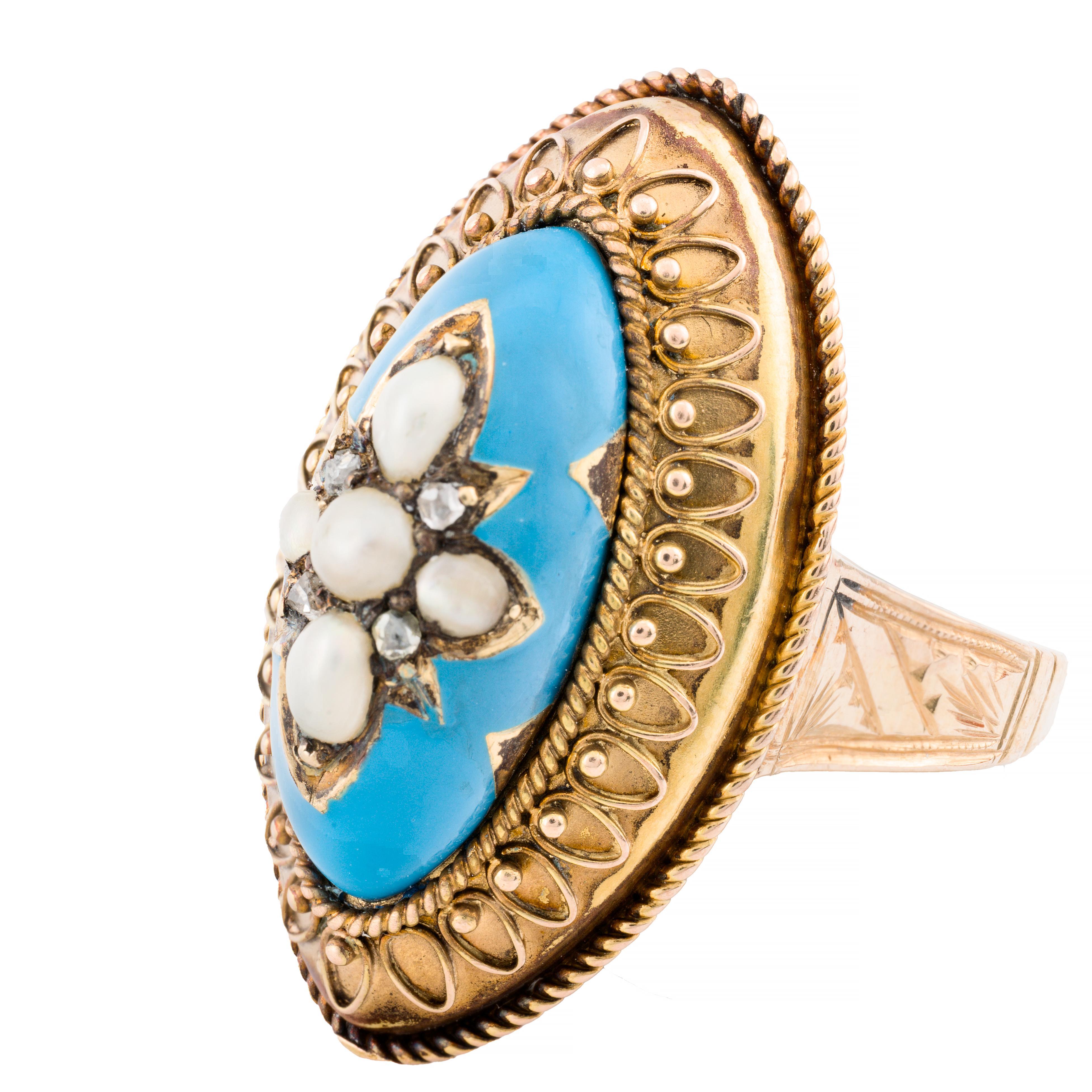 Aston Estate Jewelry Presents:

A captivating Victorian dome ring from 1870, showcasing a central star motif arrangement of natural white pearls. These pearls are elegantly complemented by rose-cut diamonds, adding a subtle sparkle to the piece.