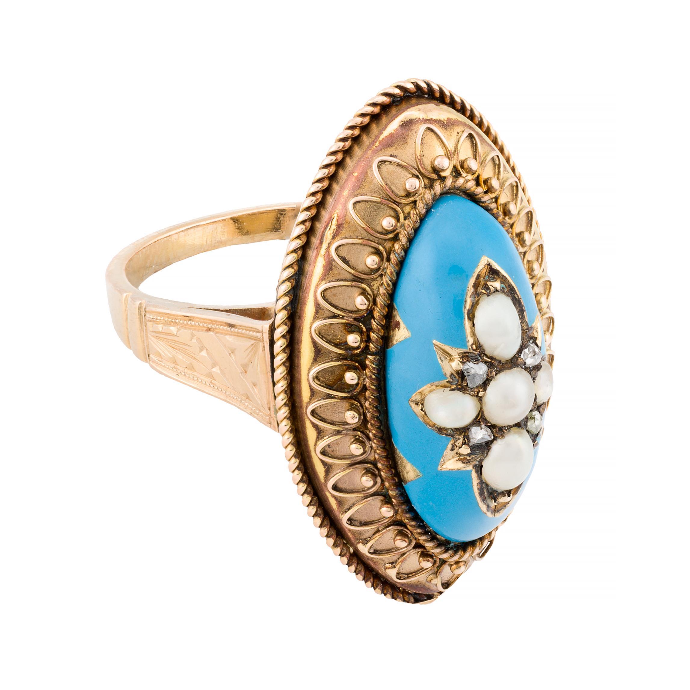 Victorian Turquoise Blue Enamel, Rose Cut Diamond, & Natural Pearl Star Ring In Excellent Condition For Sale In Boston, MA