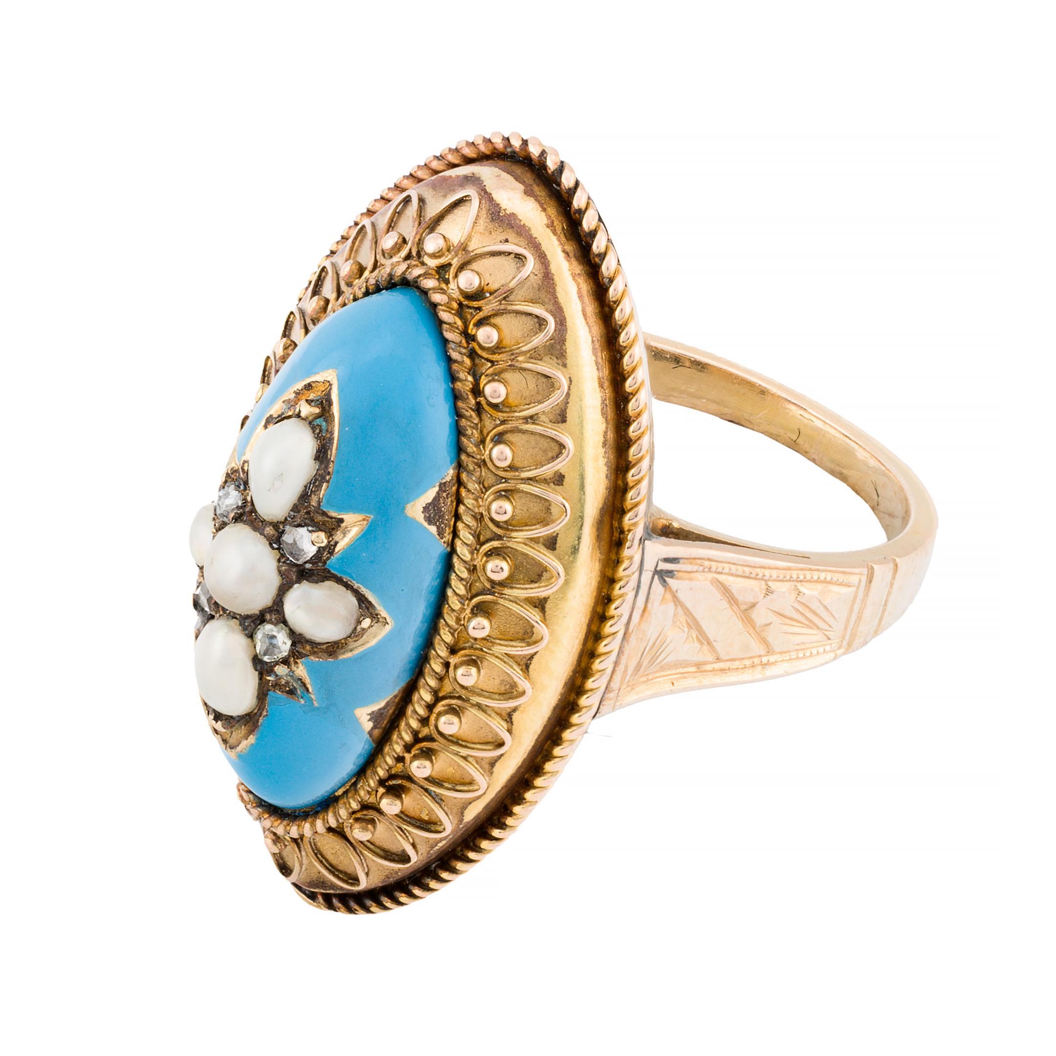 Women's Victorian Turquoise Blue Enamel, Rose Cut Diamond, & Natural Pearl Star Ring For Sale