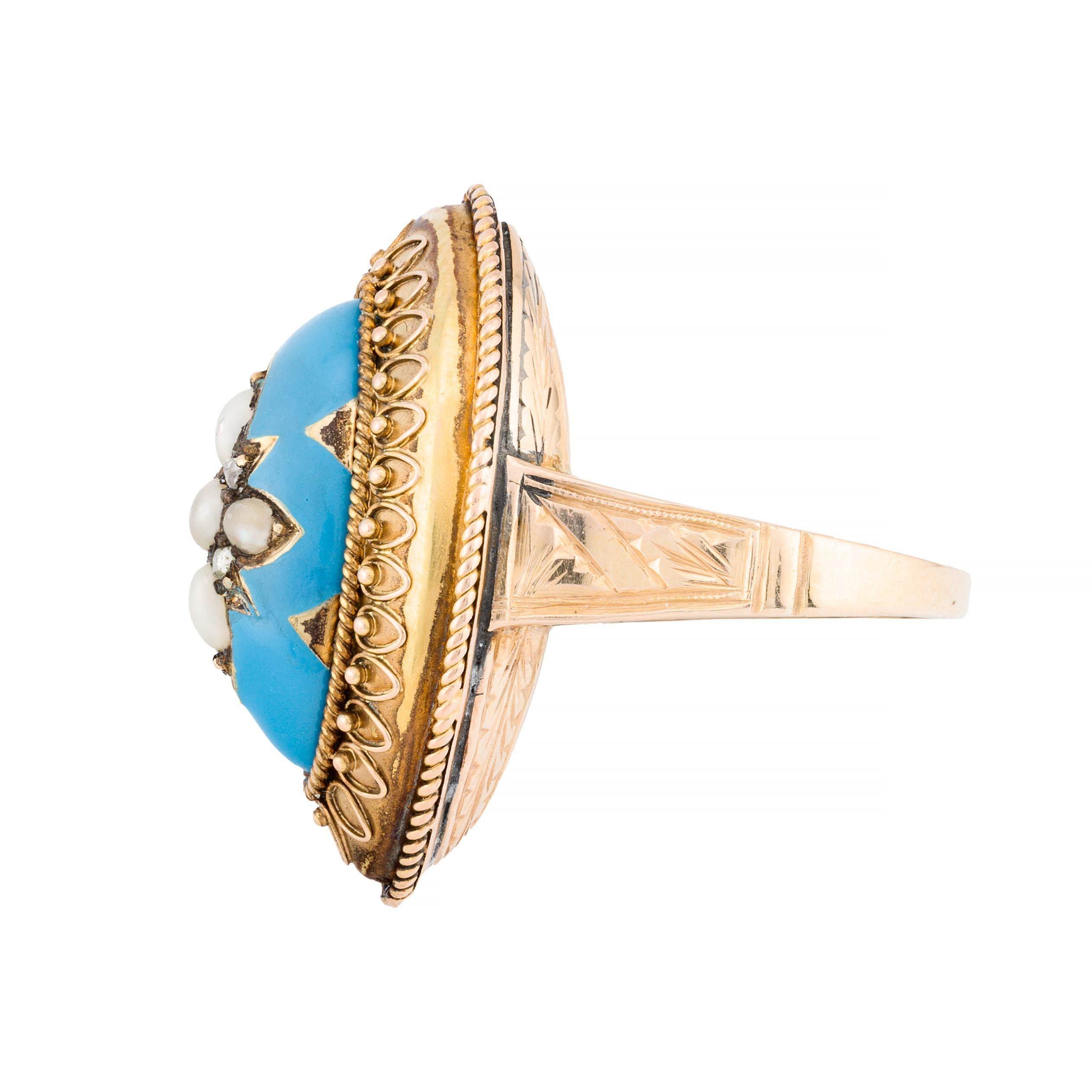 Victorian Turquoise Blue Enamel, Rose Cut Diamond, & Natural Pearl Star Ring For Sale 1