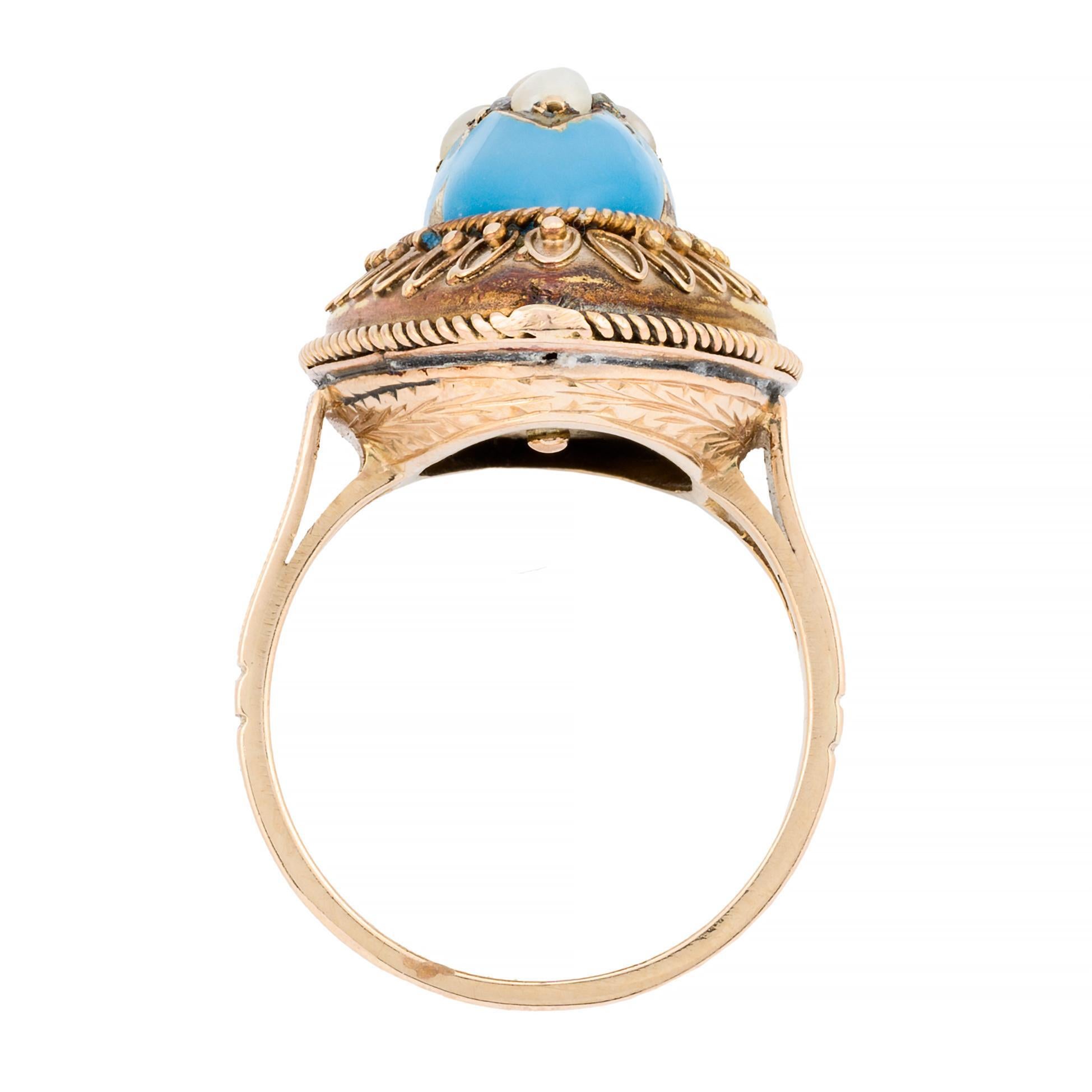Victorian Turquoise Blue Enamel, Rose Cut Diamond, & Natural Pearl Star Ring For Sale 2