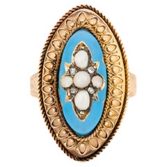 Viktorianischer Türkisblauer Emaille, Diamant im Rosenschliff & Naturperlen-Sternring