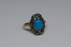 Victorian Turquoise Cabochon And Diamond Ring Silver 18 Karat Gold
