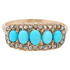 Bague d'antiquités victorienne en or rose 14 carats avec turquoise cabochon et diamants
