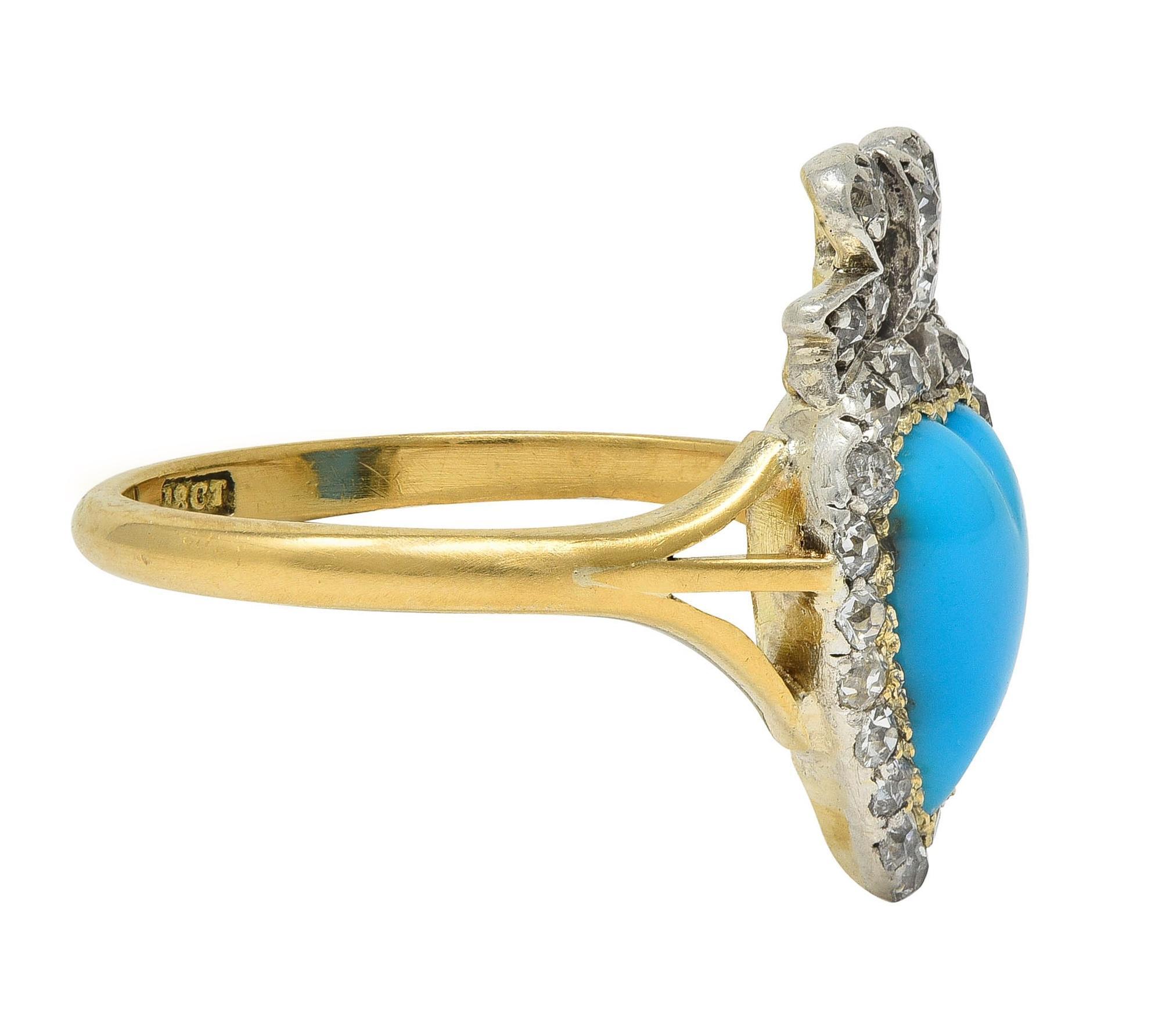 Taille cabochon Bague victorienne en or jaune 18 carats avec turquoise cabochon et diamants en forme de cœur en vente