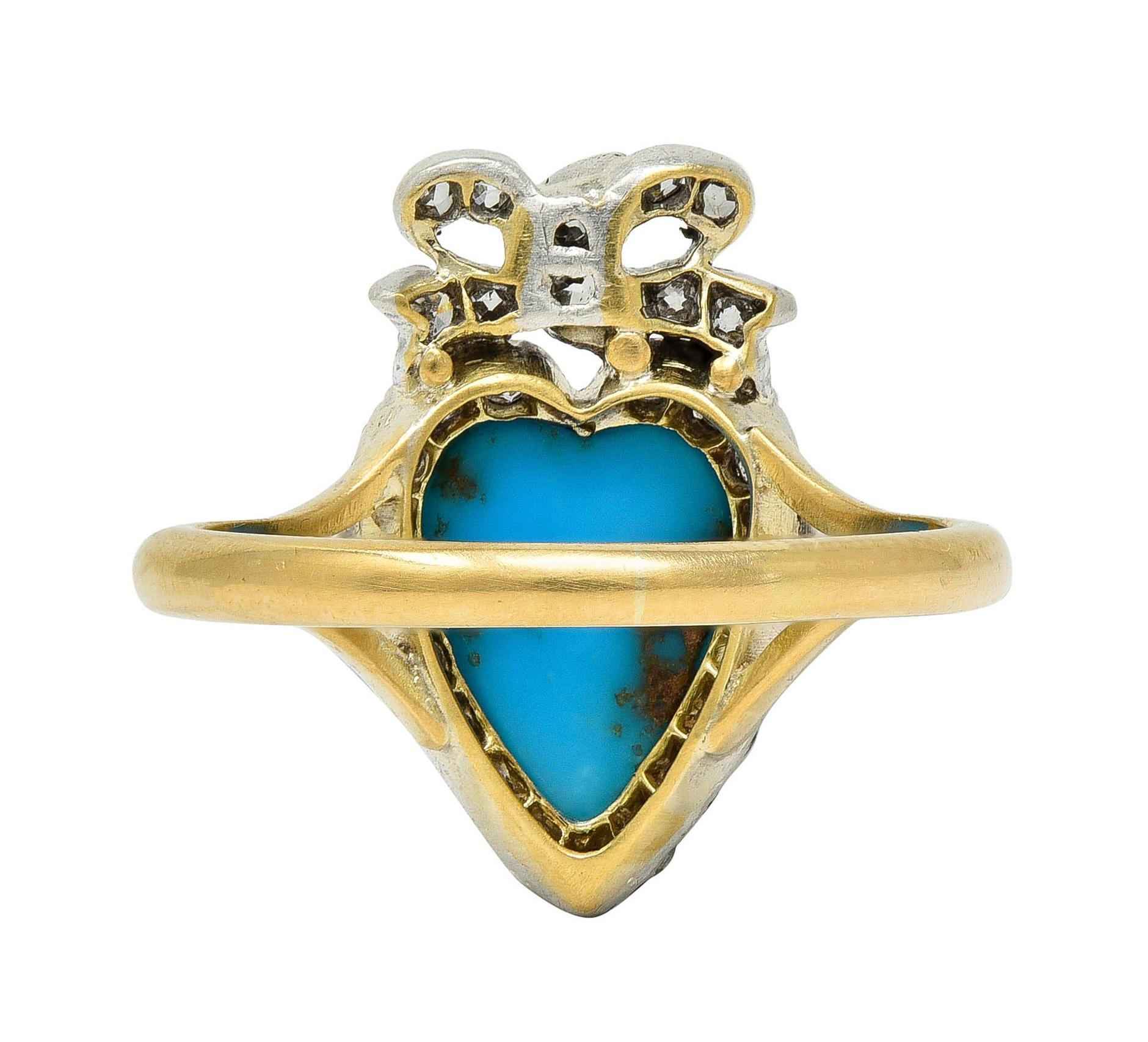 Bague victorienne en or jaune 18 carats avec turquoise cabochon et diamants en forme de cœur Excellent état - En vente à Philadelphia, PA