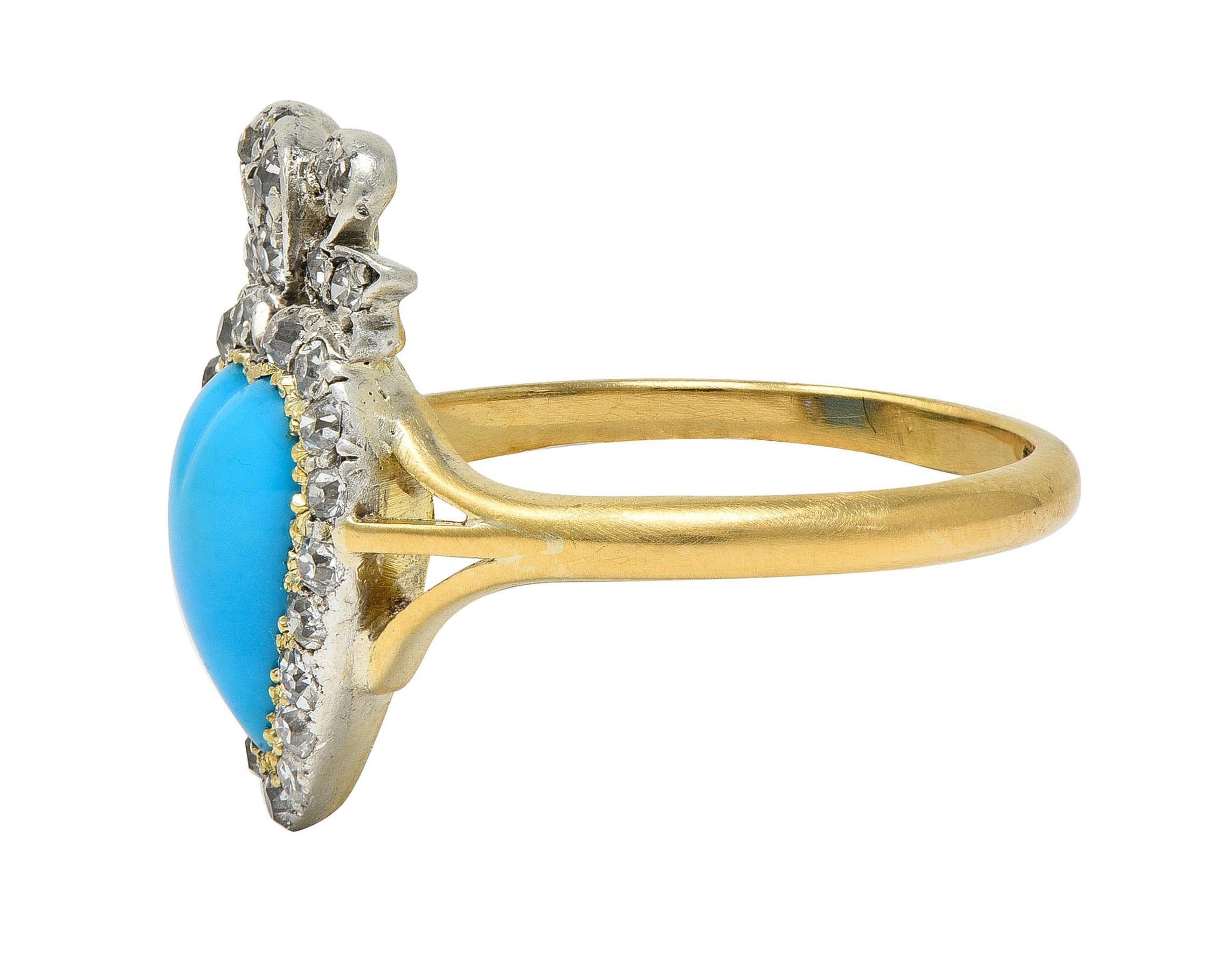 Bague victorienne en or jaune 18 carats avec turquoise cabochon et diamants en forme de cœur Unisexe en vente