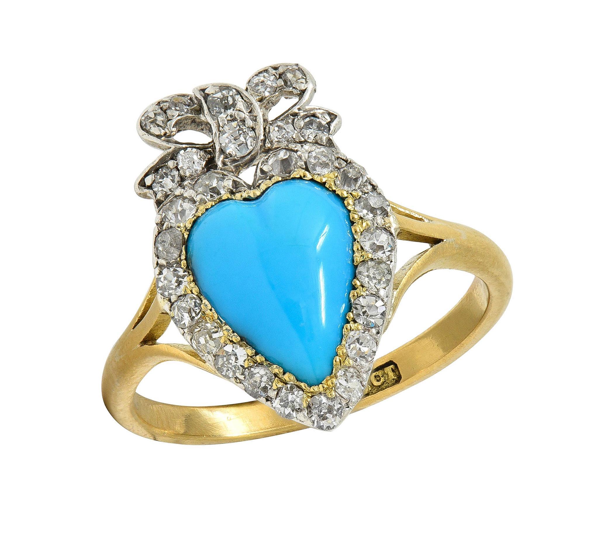 Bague victorienne en or jaune 18 carats avec turquoise cabochon et diamants en forme de cœur en vente 4