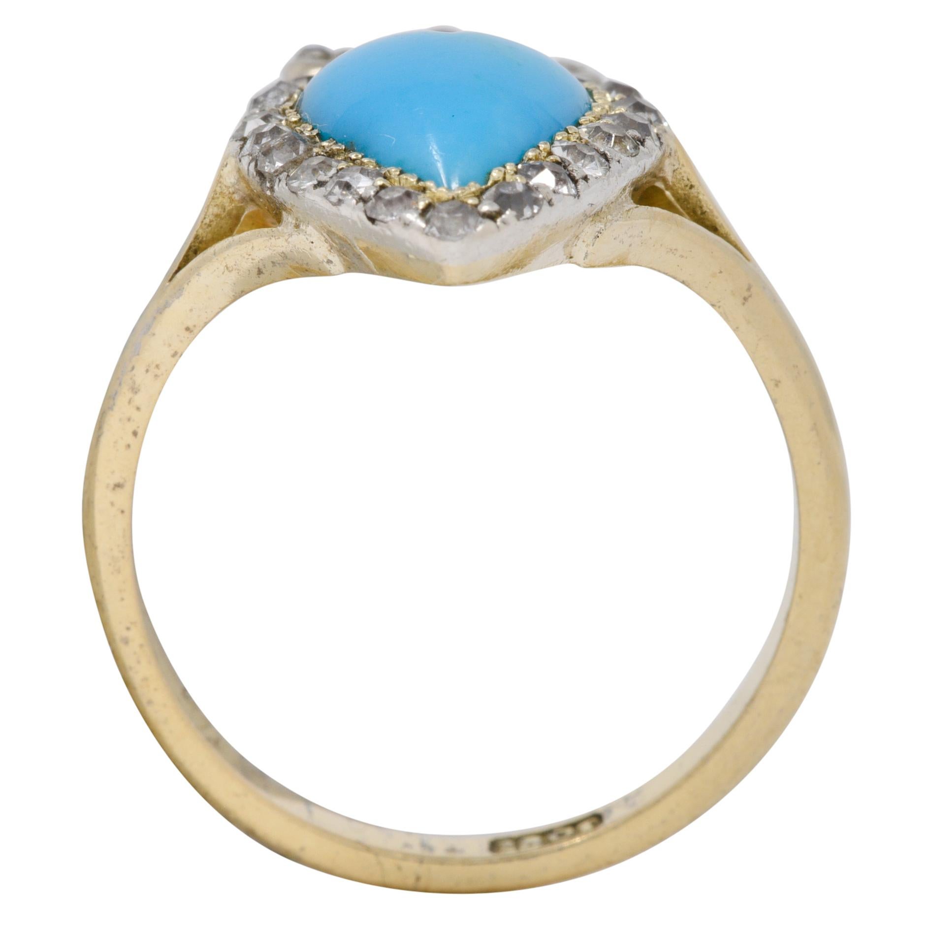 Victorian Turquoise Cabochon Diamond 18 Karat Yellow Gold Antique Heart Ring 6