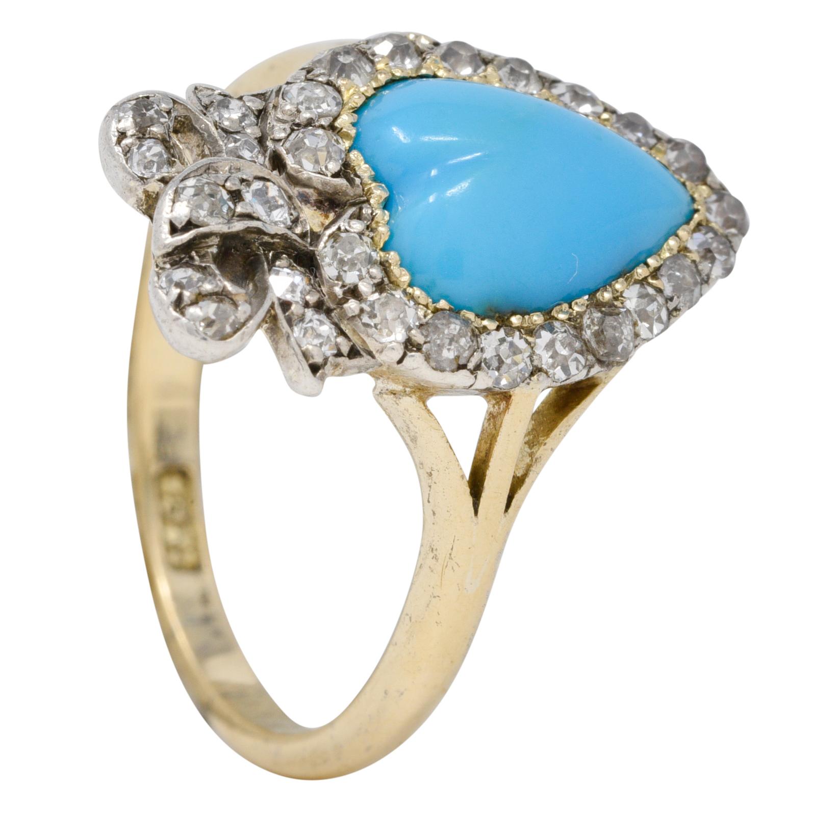 Victorian Turquoise Cabochon Diamond 18 Karat Yellow Gold Antique Heart Ring 7
