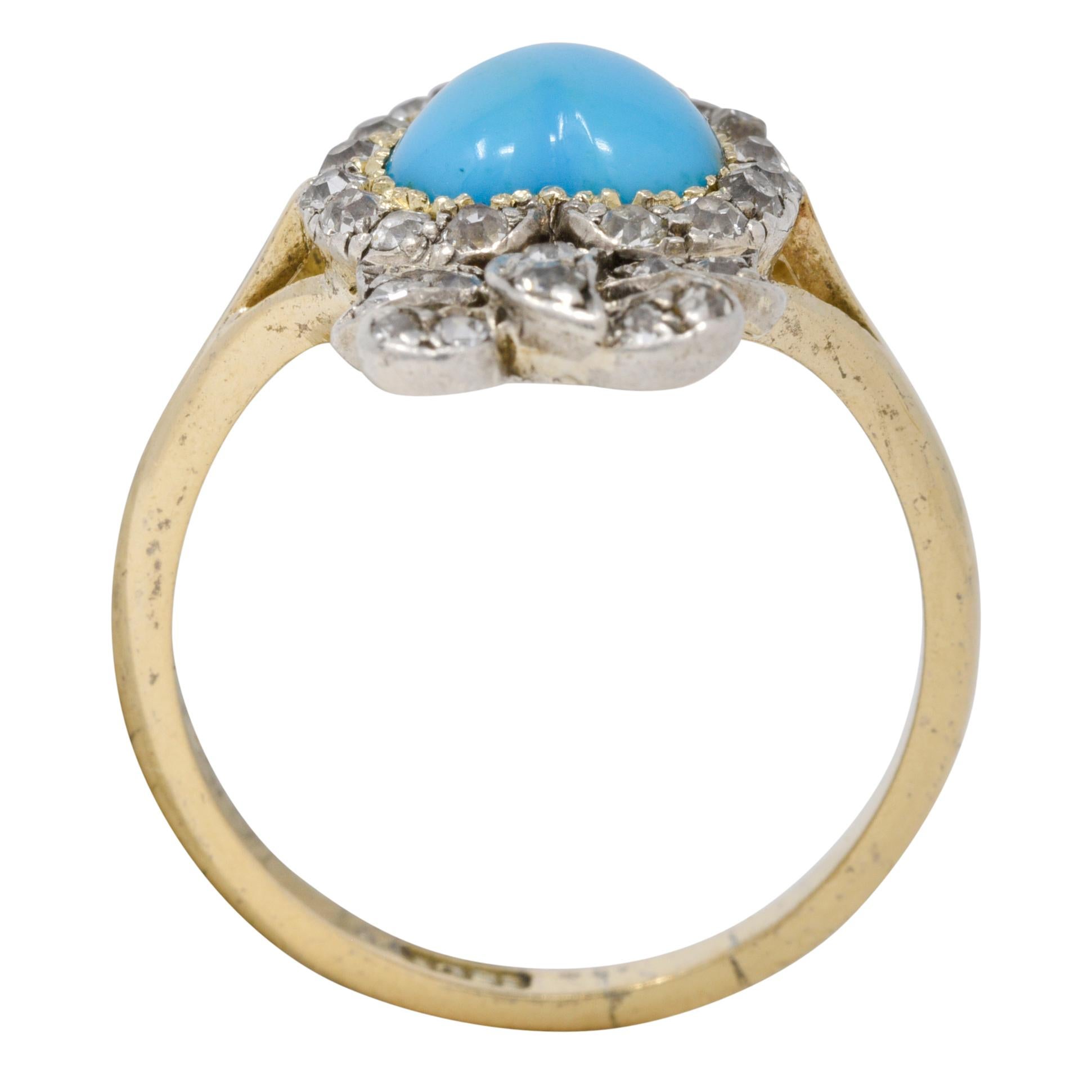 Victorian Turquoise Cabochon Diamond 18 Karat Yellow Gold Antique Heart Ring 8